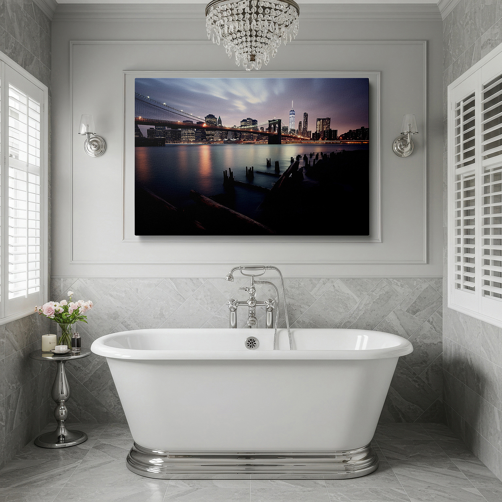 Mounted in a loft-style interior with exposed brick walls — brooklyn bridge at dusk: a harmonious blend of nature and architecture - large canvas wall art for office and bedroom decor