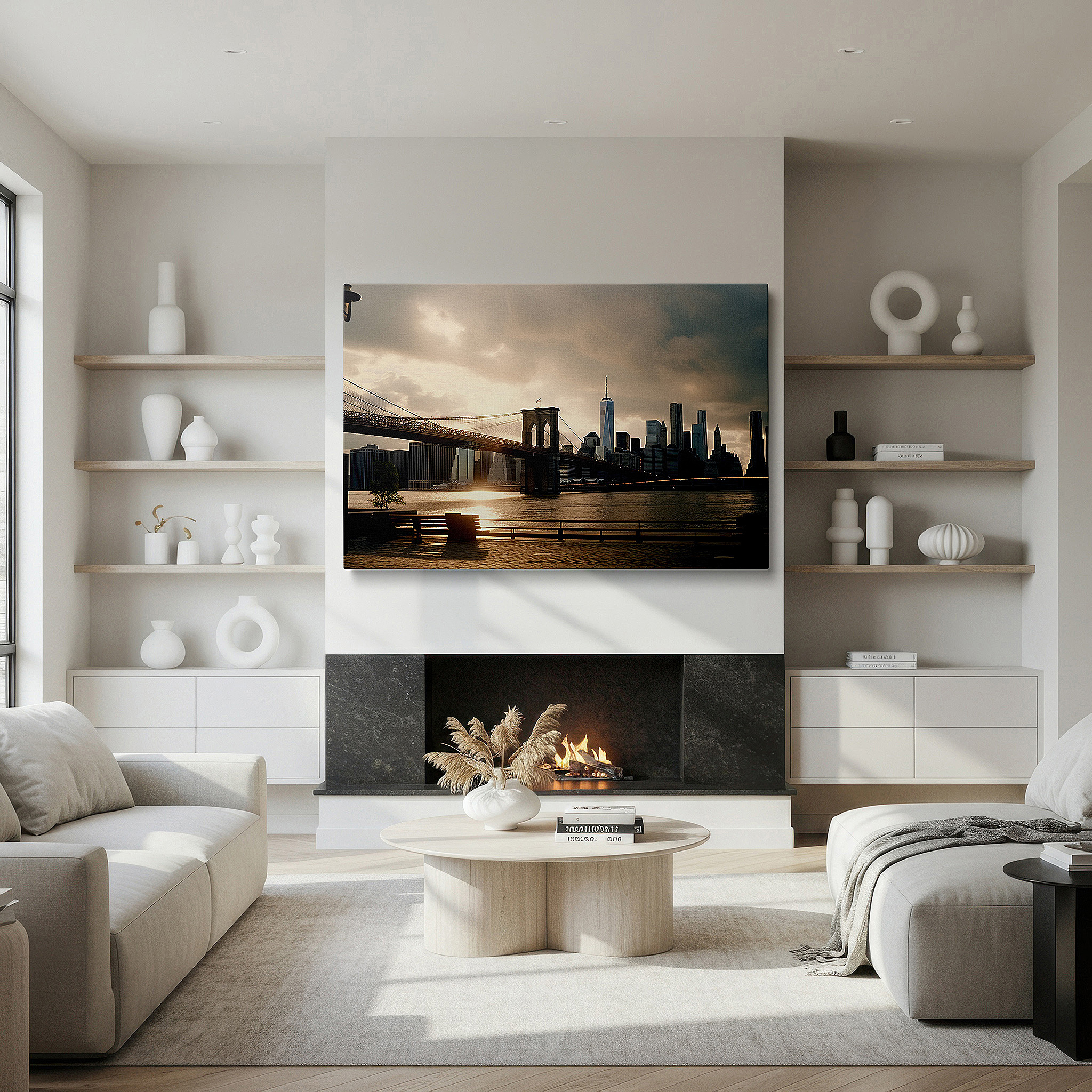 Mounted in a loft-style interior with exposed brick walls — brooklyn bridge at sunset wall art - a serene mix of cityscape and nature, large canvas art for home and office decor, perfect for living room and bedroom