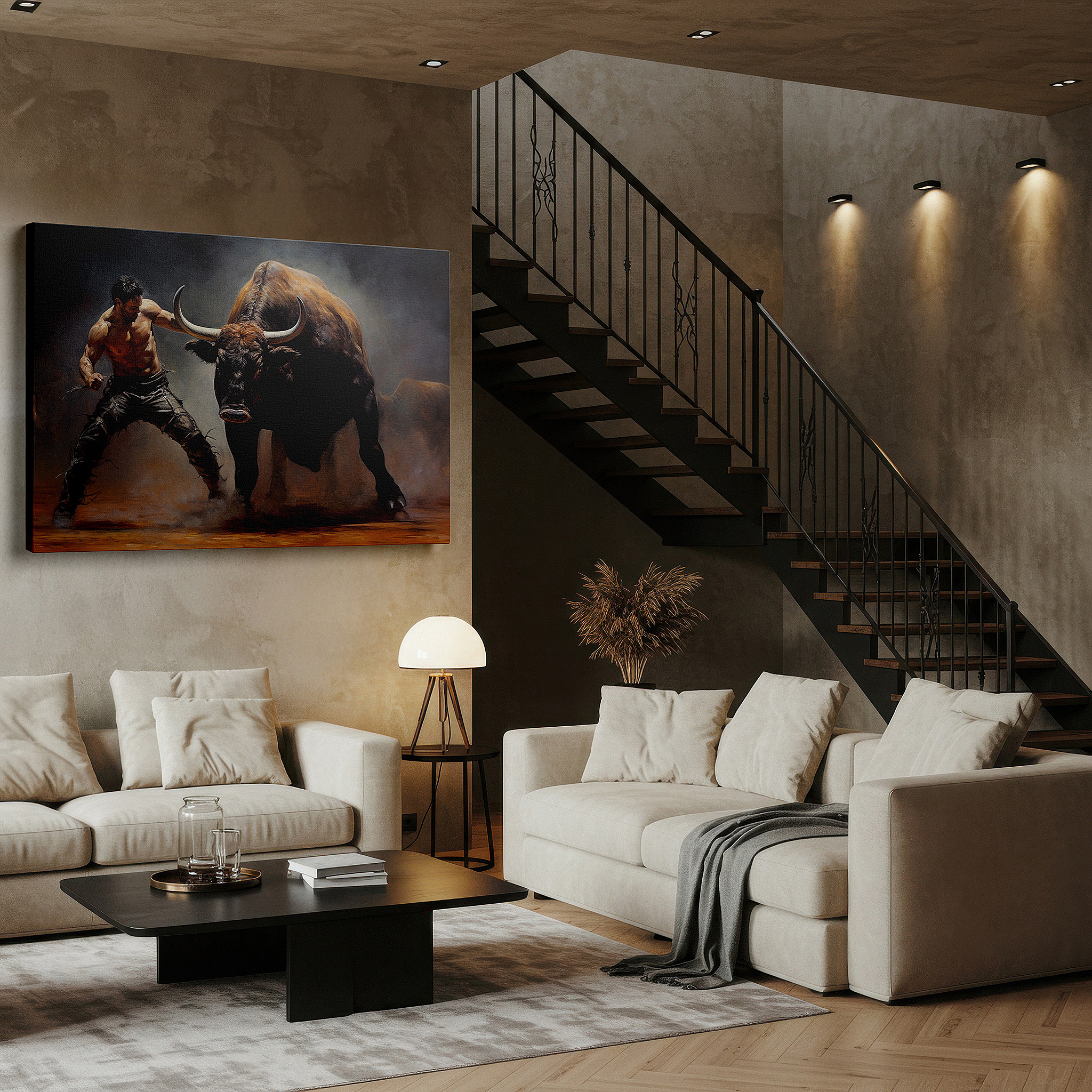 Mounted in a loft-style interior with exposed brick walls — bull and man engage in a powerful dance of bravery in a sunlit arena - large canvas wall art for office decor