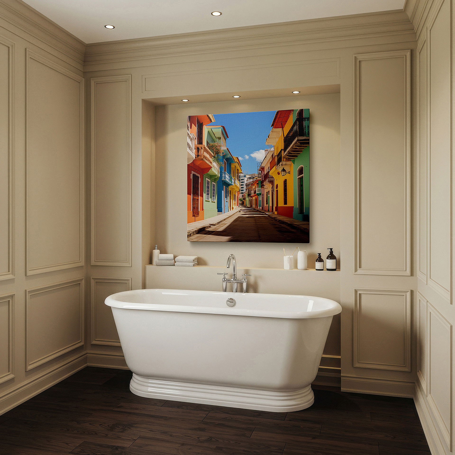 Mounted in a loft-style interior with exposed brick walls — cartagena vibrance: gateway to colombia's caribbean jewel - large wall art, canvas decor for office and bedroom