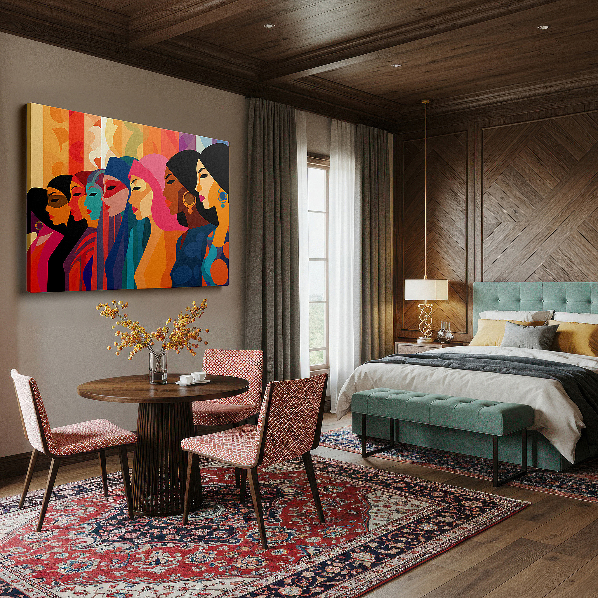 Mounted in a loft-style interior with exposed brick walls — celebrating diversity with stylized women's portraits in a colorful tapestry of cultures - large wall art, canvas wall art