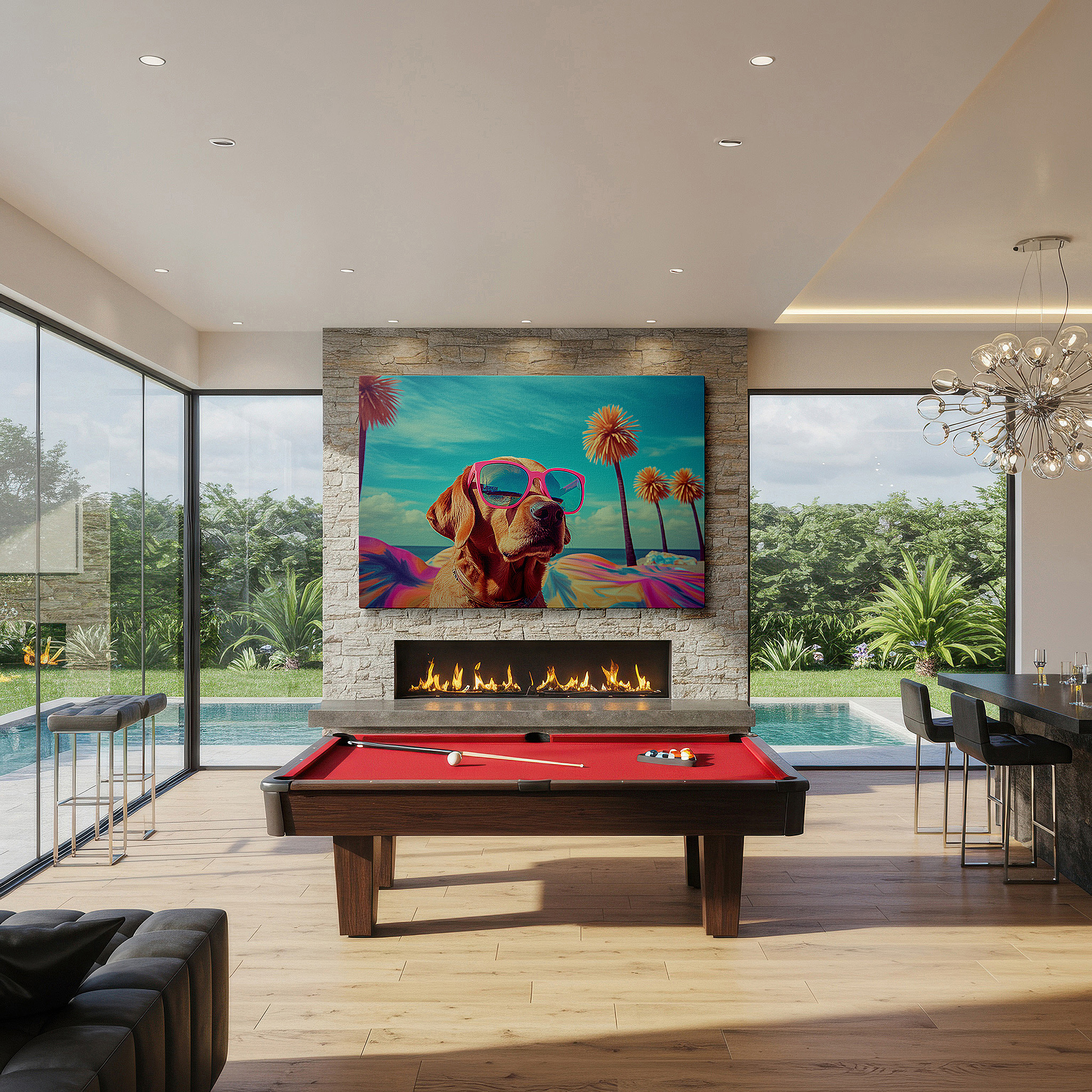 Mounted in a loft-style interior with exposed brick walls — chic dog in pink sunglasses beach-themed large wall art, canvas decor for office, bedroom, and living room