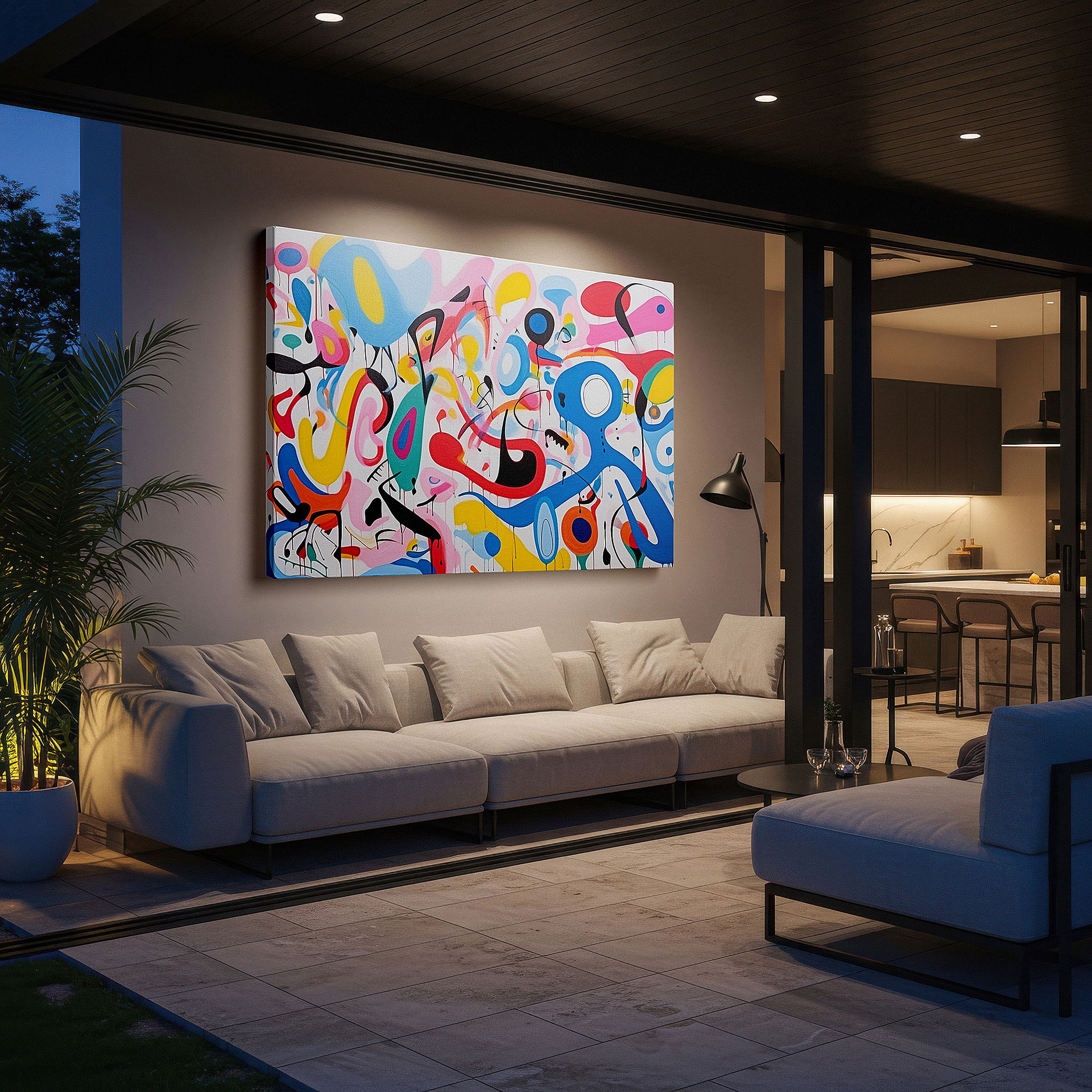 Mounted in a loft-style interior with exposed brick walls — colorful abstract exploration in color and motion: large canvas wall art for office, bedroom, and living room decor