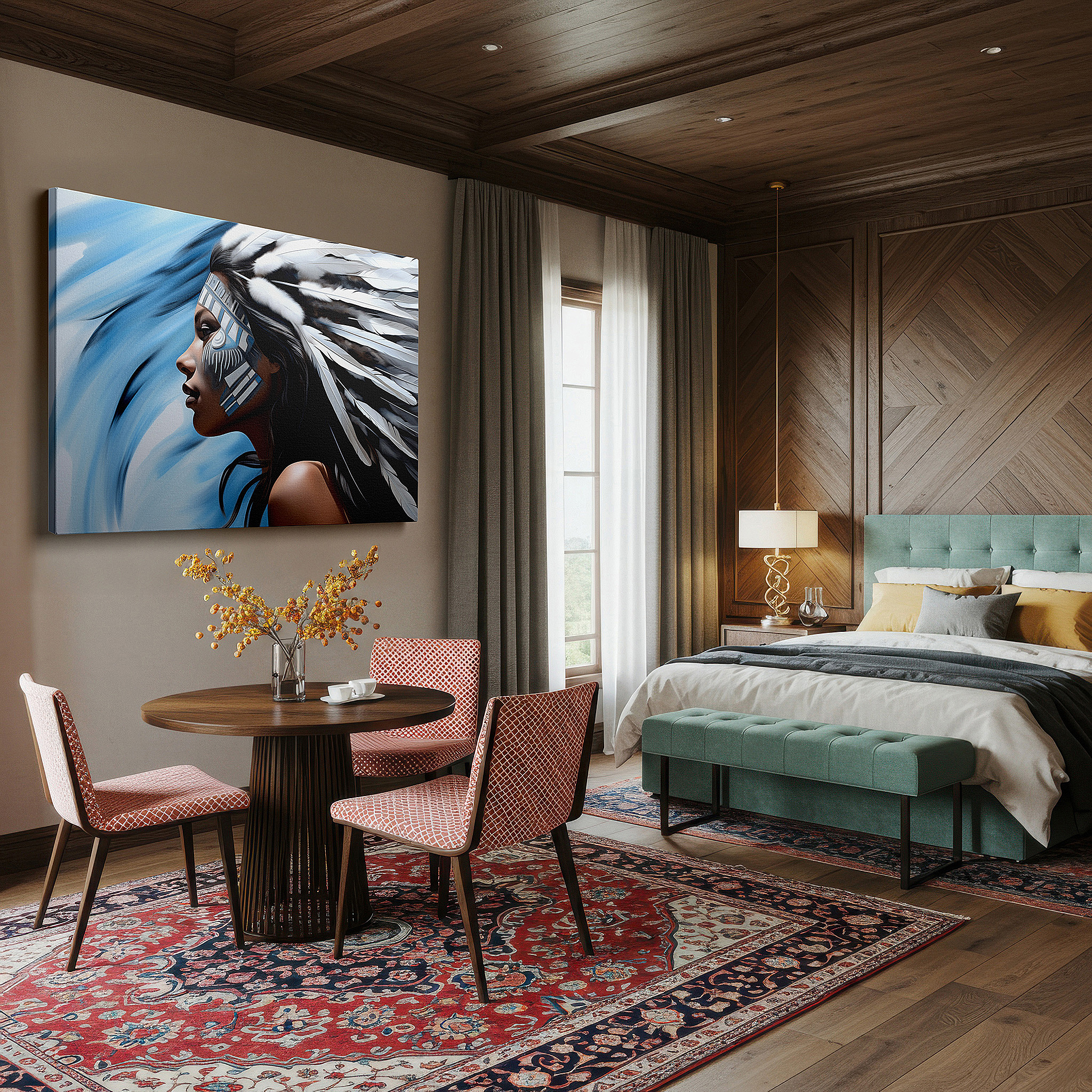 Mounted in a loft-style interior with exposed brick walls — cultural pride and resilience tribal headdress large wall art, canvas decor for office, bedroom, and living room