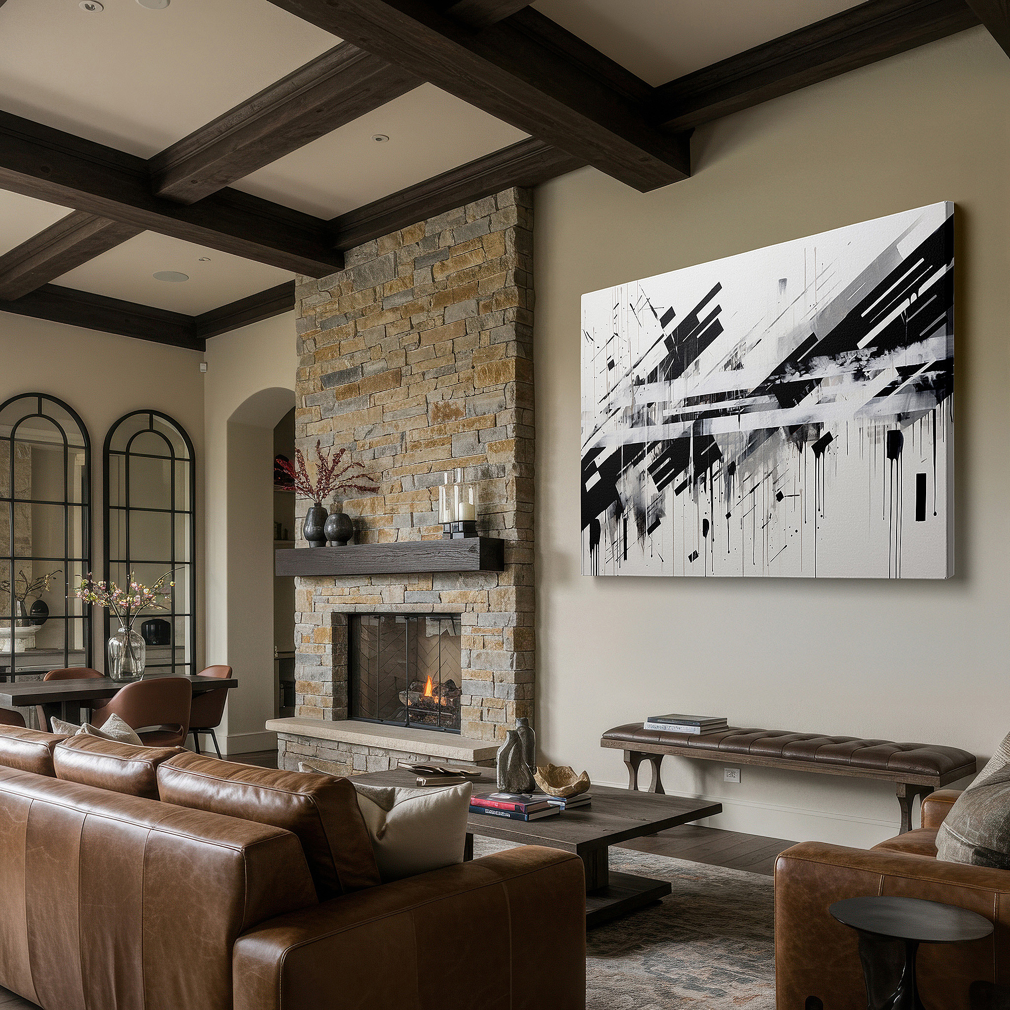 Mounted in a loft-style interior with exposed brick walls — dynamic interplay of black and white in abstract expression: large wall art for offices, bedrooms, and living spaces