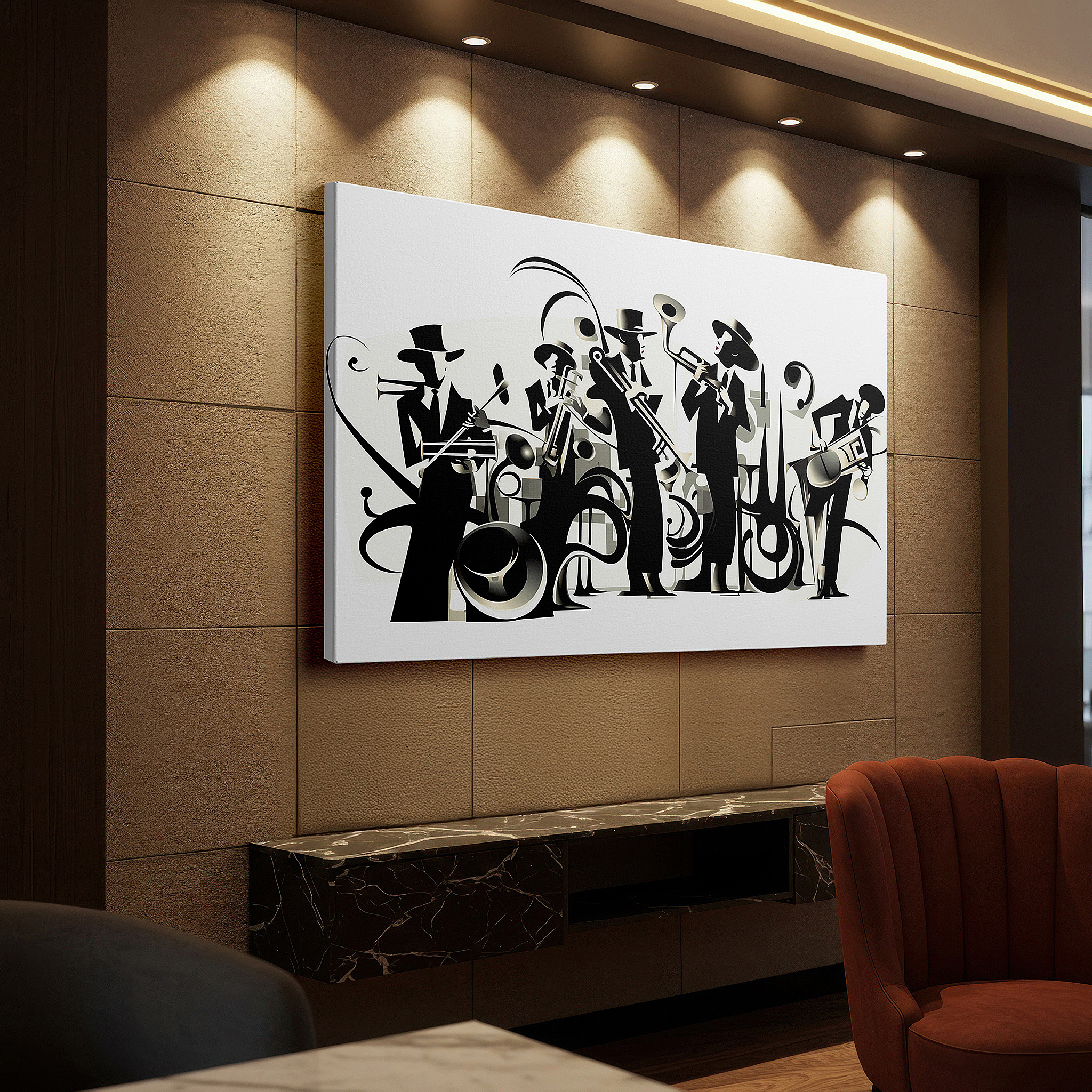Mounted in a loft-style interior with exposed brick walls — dynamic jazz band canvas art: live music essence in vibrant colors and abstract design, perfect for large wall spaces