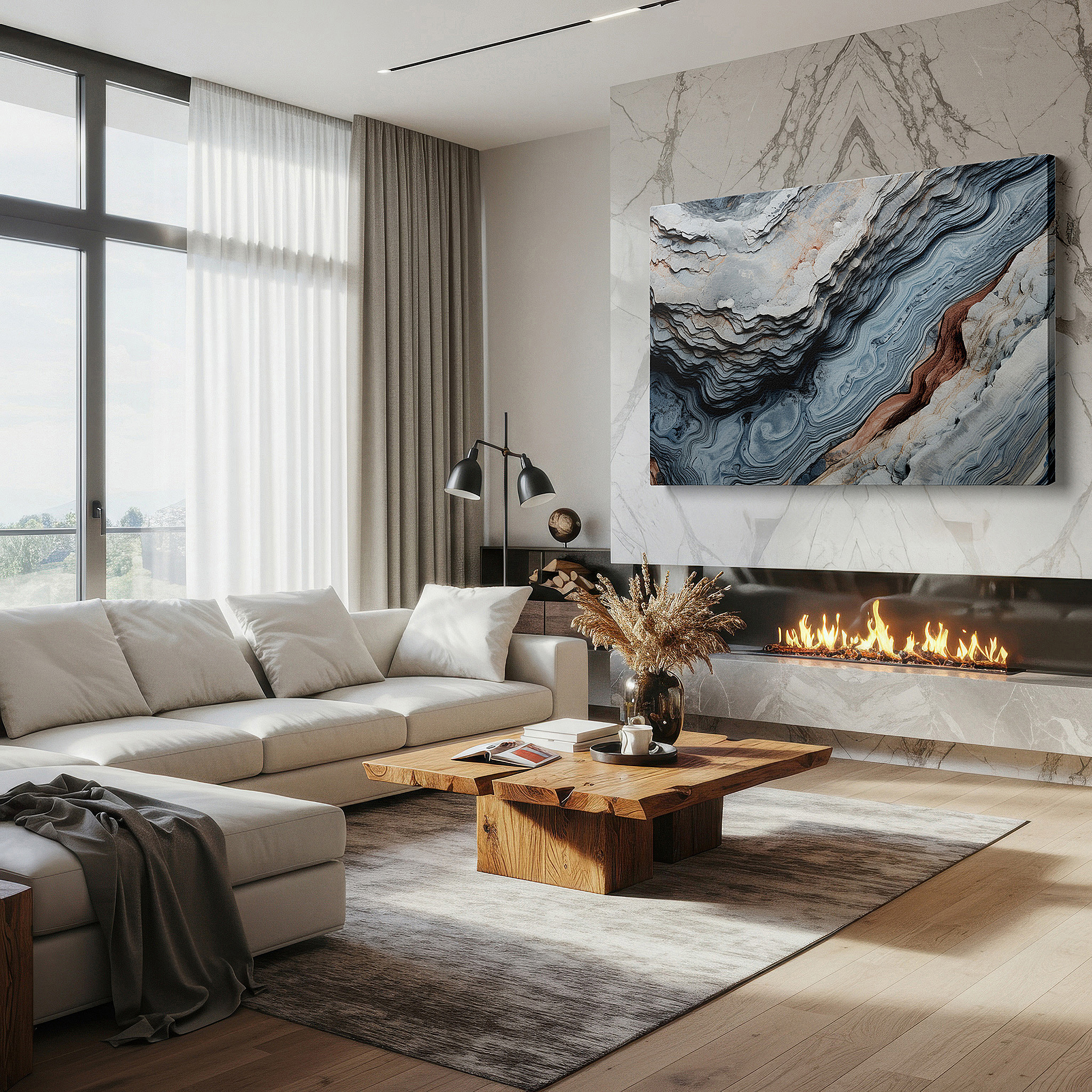 Mounted in a loft-style interior with exposed brick walls — earthy tones and textures tapestry: large canvas wall art inspired by nature's eternal beauty, perfect for home and office decor