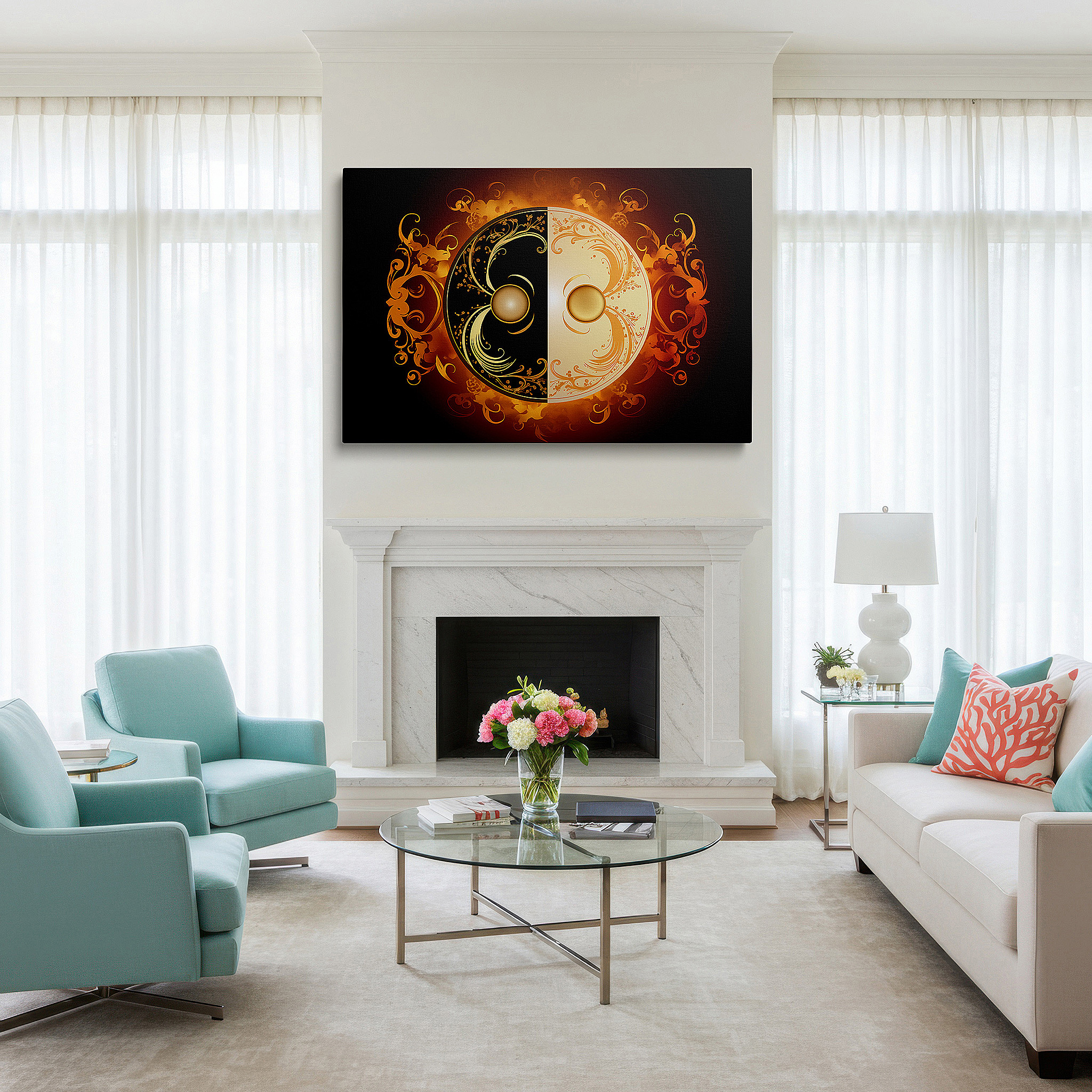 Mounted in a loft-style interior with exposed brick walls — elegant black and gold yin yang symbol wall art, celebrating balance and duality, ideal for office and bedroom decor, available in large canvas sizes