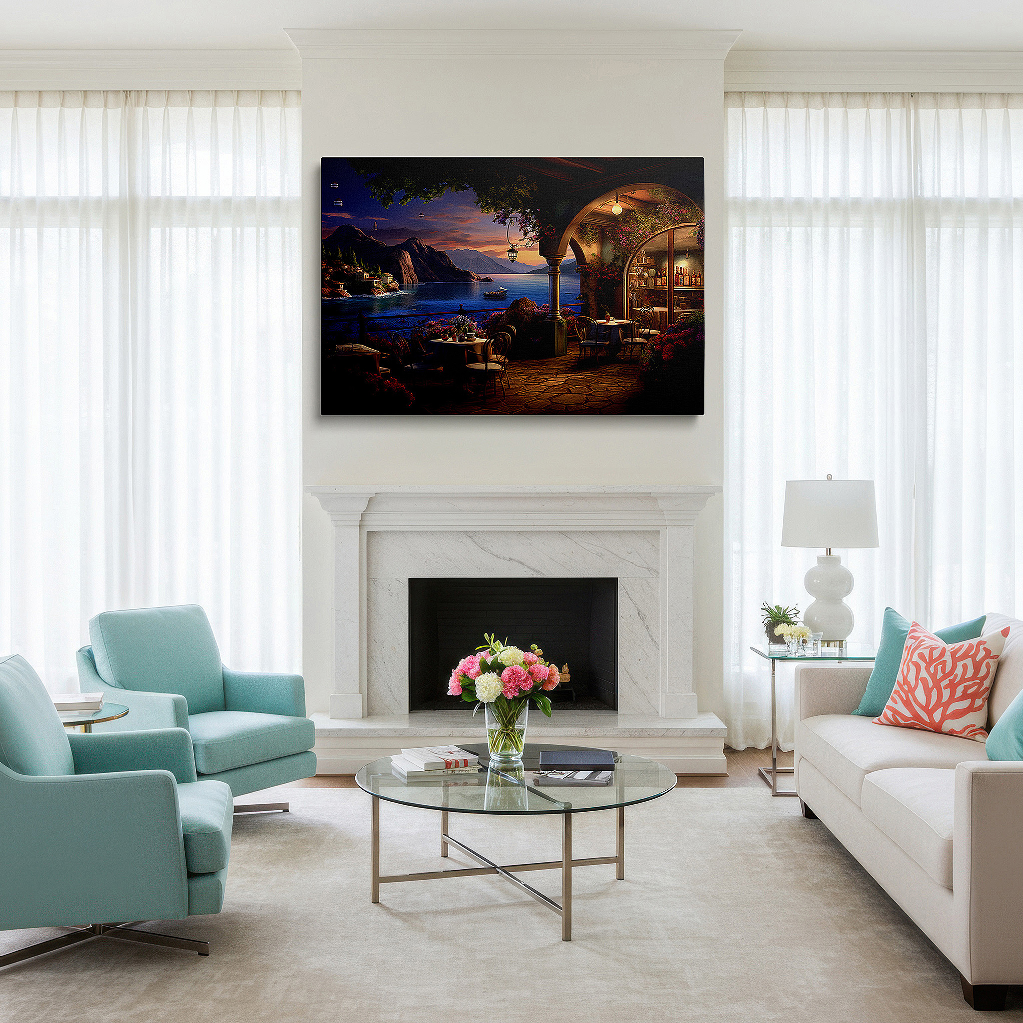Mounted in a loft-style interior with exposed brick walls — elegant seaside dining at sunset: tranquil coastal canvas - large wall art for office, bedroom, and living room decor