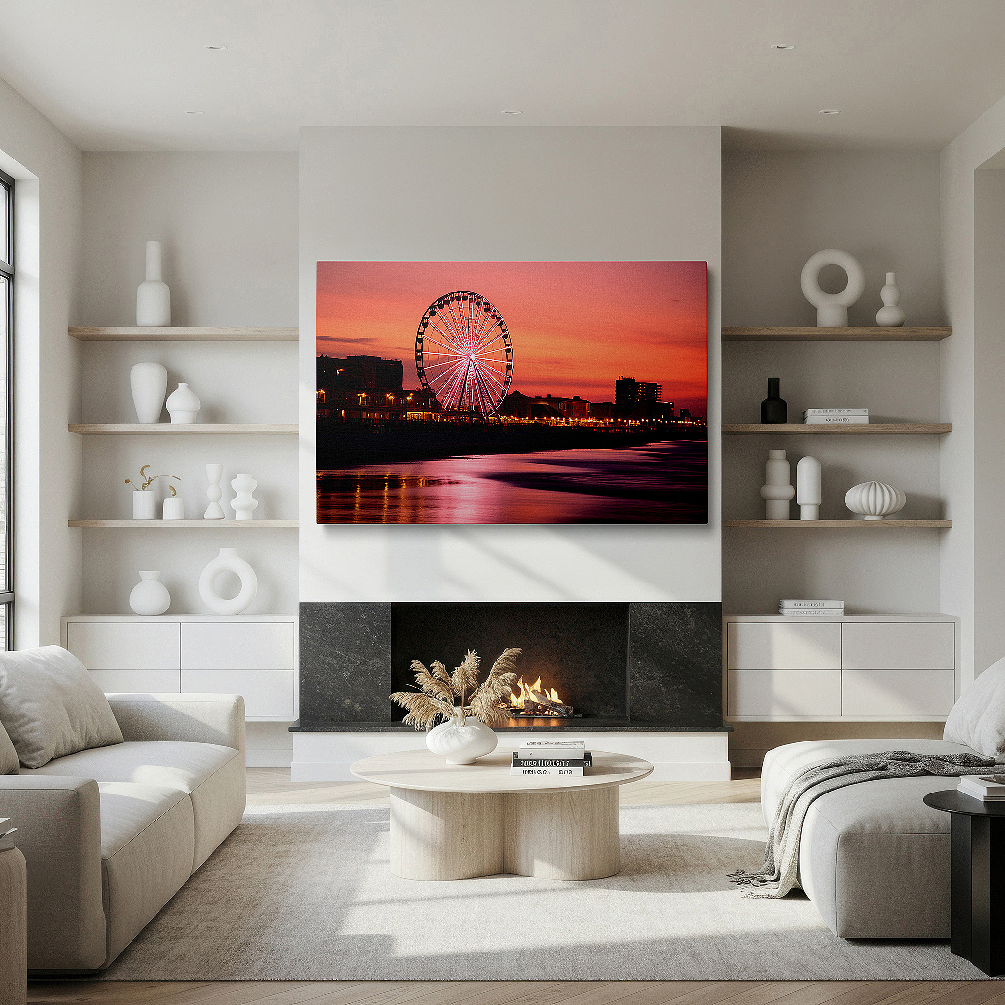 Mounted in a loft-style interior with exposed brick walls — enchanted evening at the beachside amusement park featuring an illuminated ferris wheel and sunset reflections, large canvas wall art decor