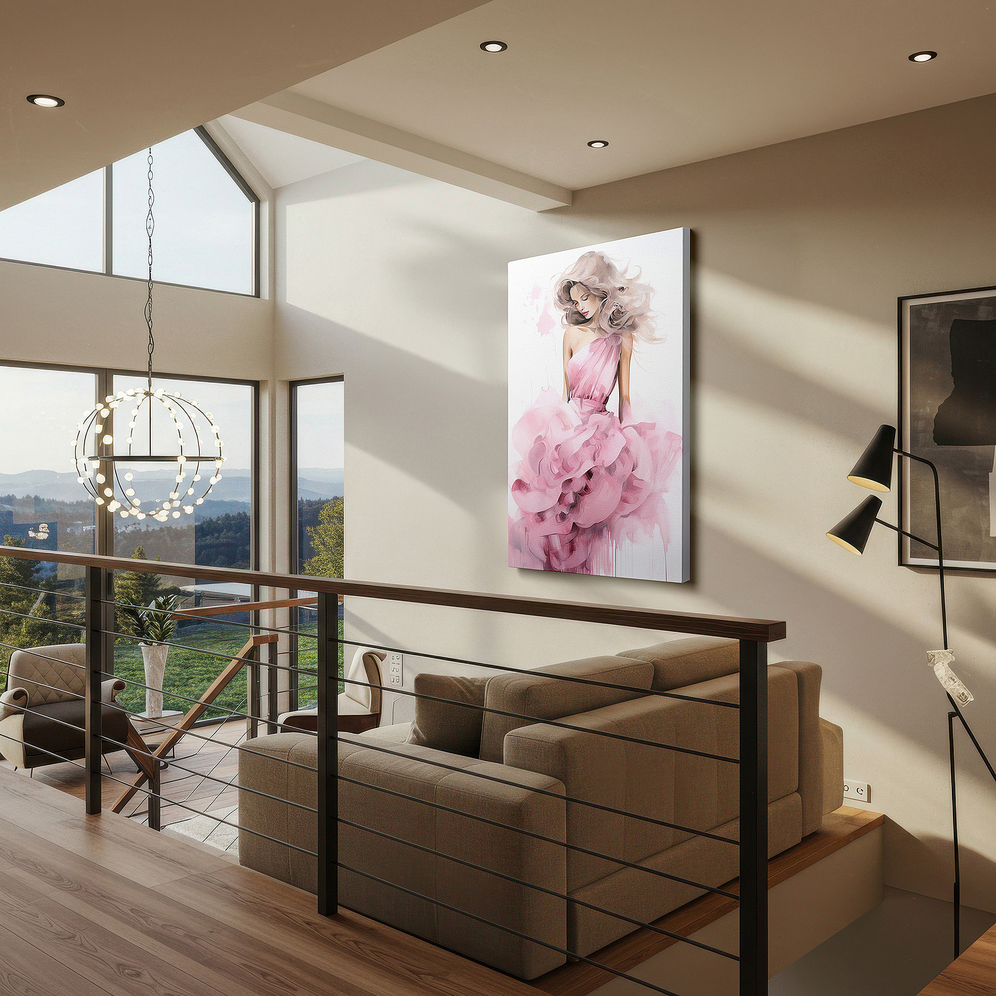 Mounted in a loft-style interior with exposed brick walls — enchanting muse in pink: celebrating femininity and modern fashion with abstract expressionist large canvas wall art decor