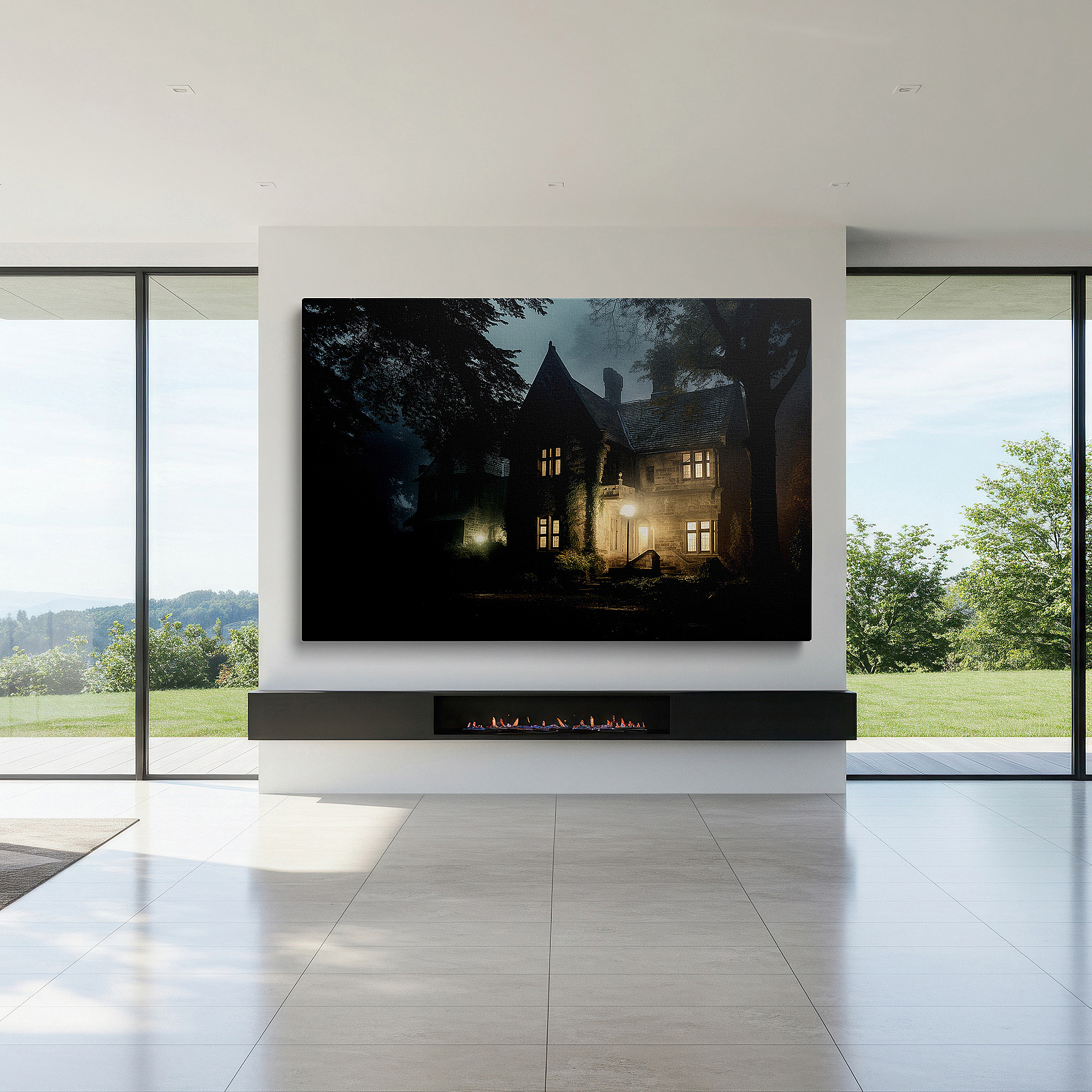 Mounted in a loft-style interior with exposed brick walls — ethereal mist enshrouding a victorian mansion - mysterious and captivating large wall art, perfect for office, living room, or bedroom decor