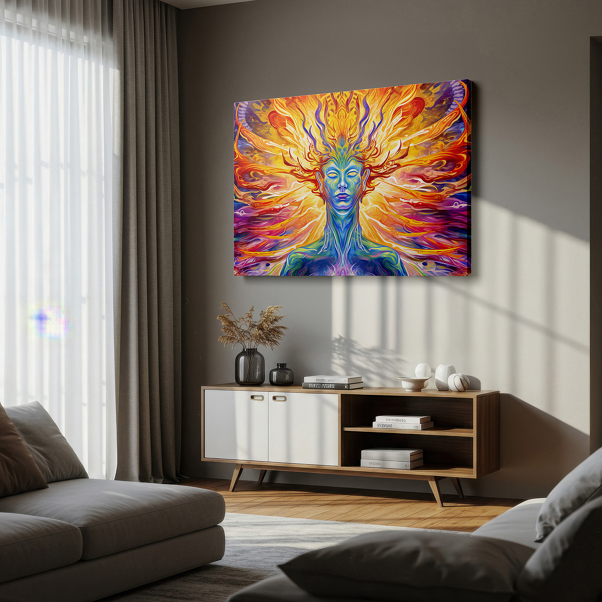 Mounted in a loft-style interior with exposed brick walls — explore identity and creativity with vibrant abstract wall art: large canvas pieces for home and office decor