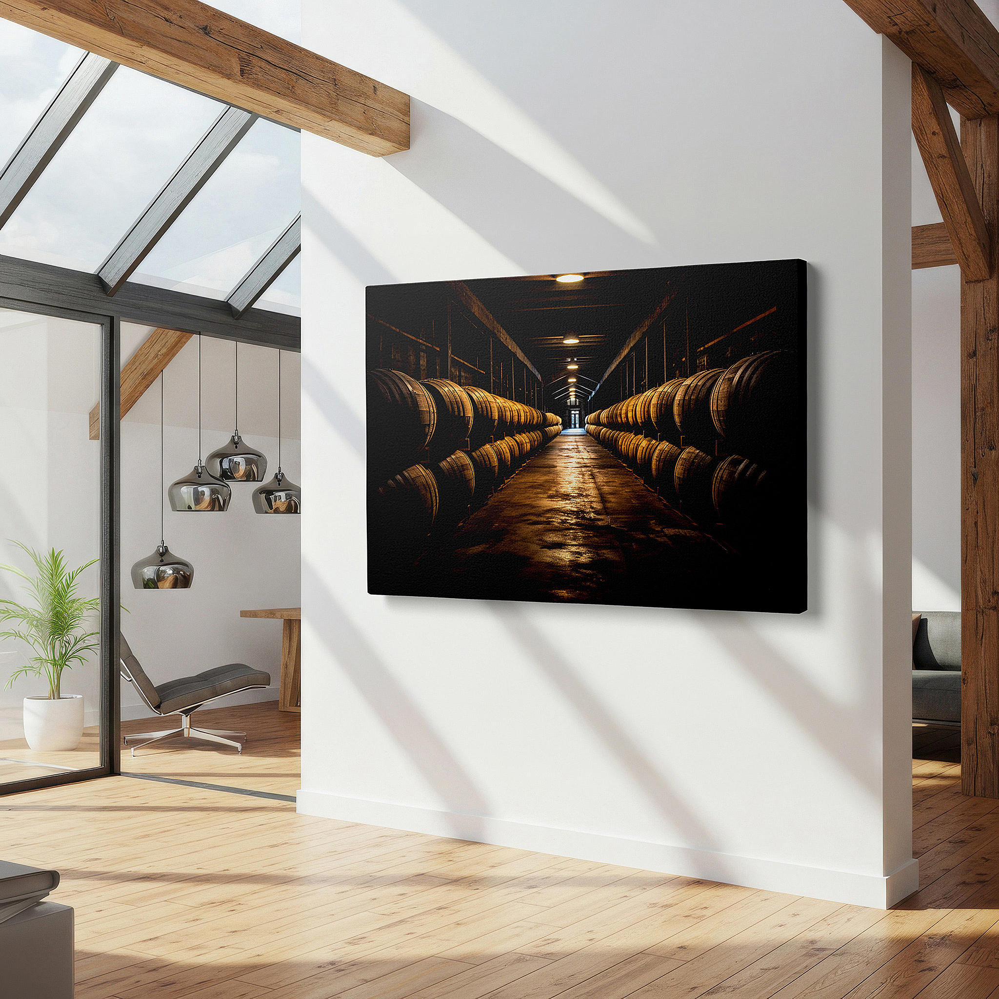 Mounted in a loft-style interior with exposed brick walls — exploring time in a classic barrel room: a tribute to craftsmanship and coziness - large wall art, canvas wall art, wall decor for offices