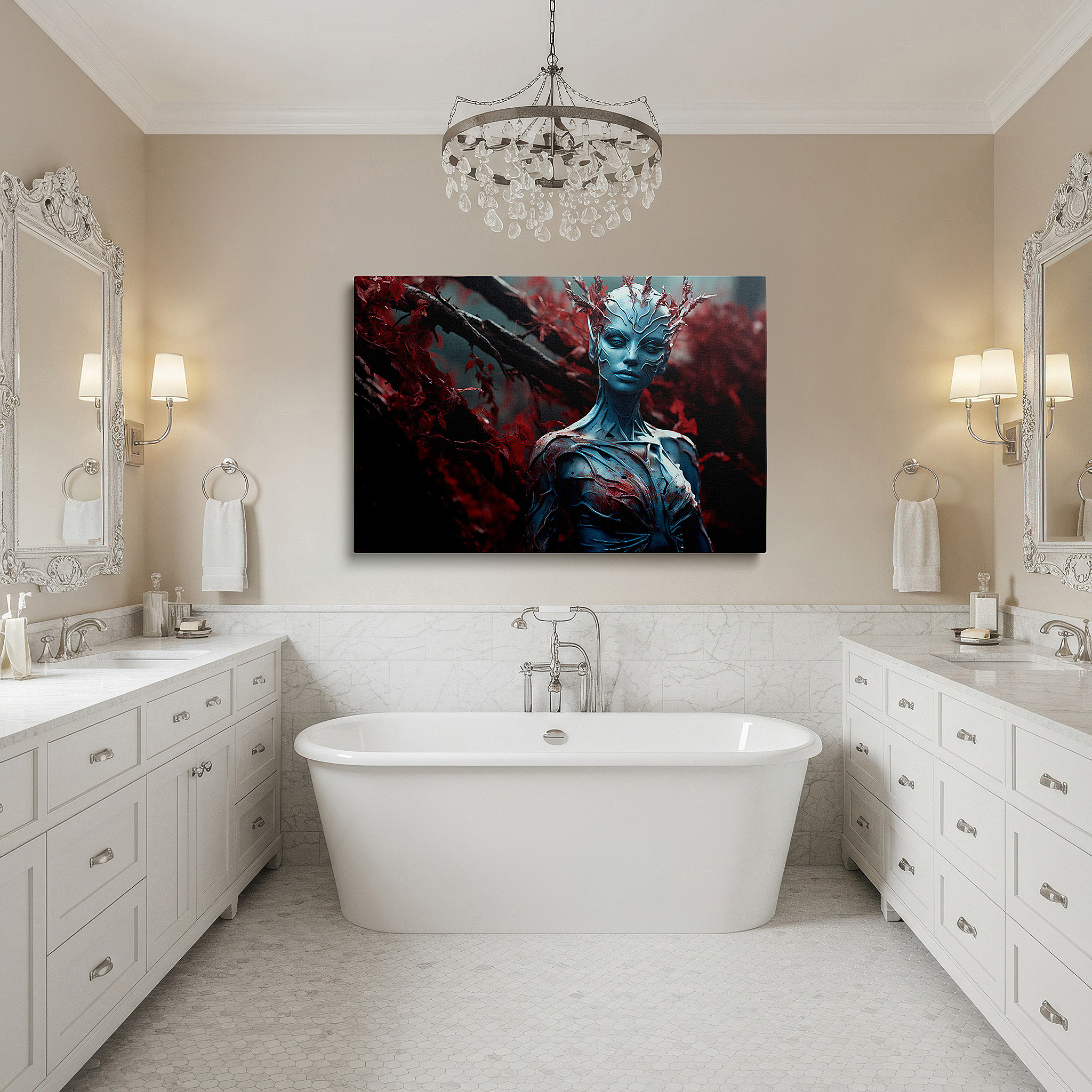 Mounted in a loft-style interior with exposed brick walls — fiery red leaves and surreal ocean transformation large canvas wall art for office, bedroom, and living room decor