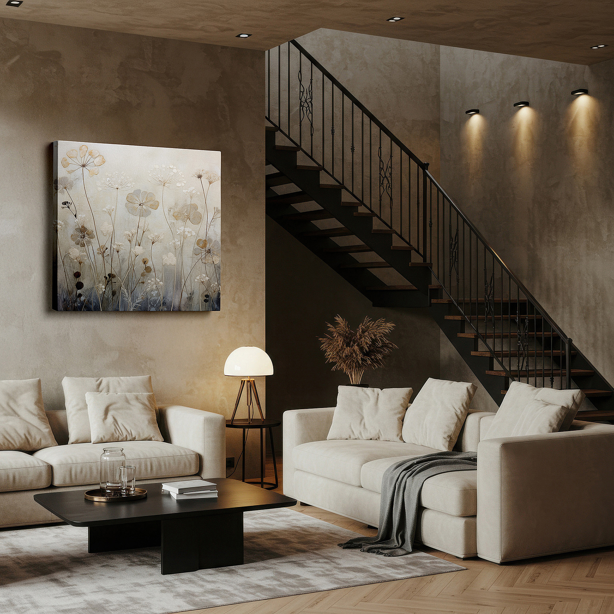 Mounted in a loft-style interior with exposed brick walls — gold and gray ethereal bouquet, tranquil nature-inspired large wall art, canvas wall decor for office