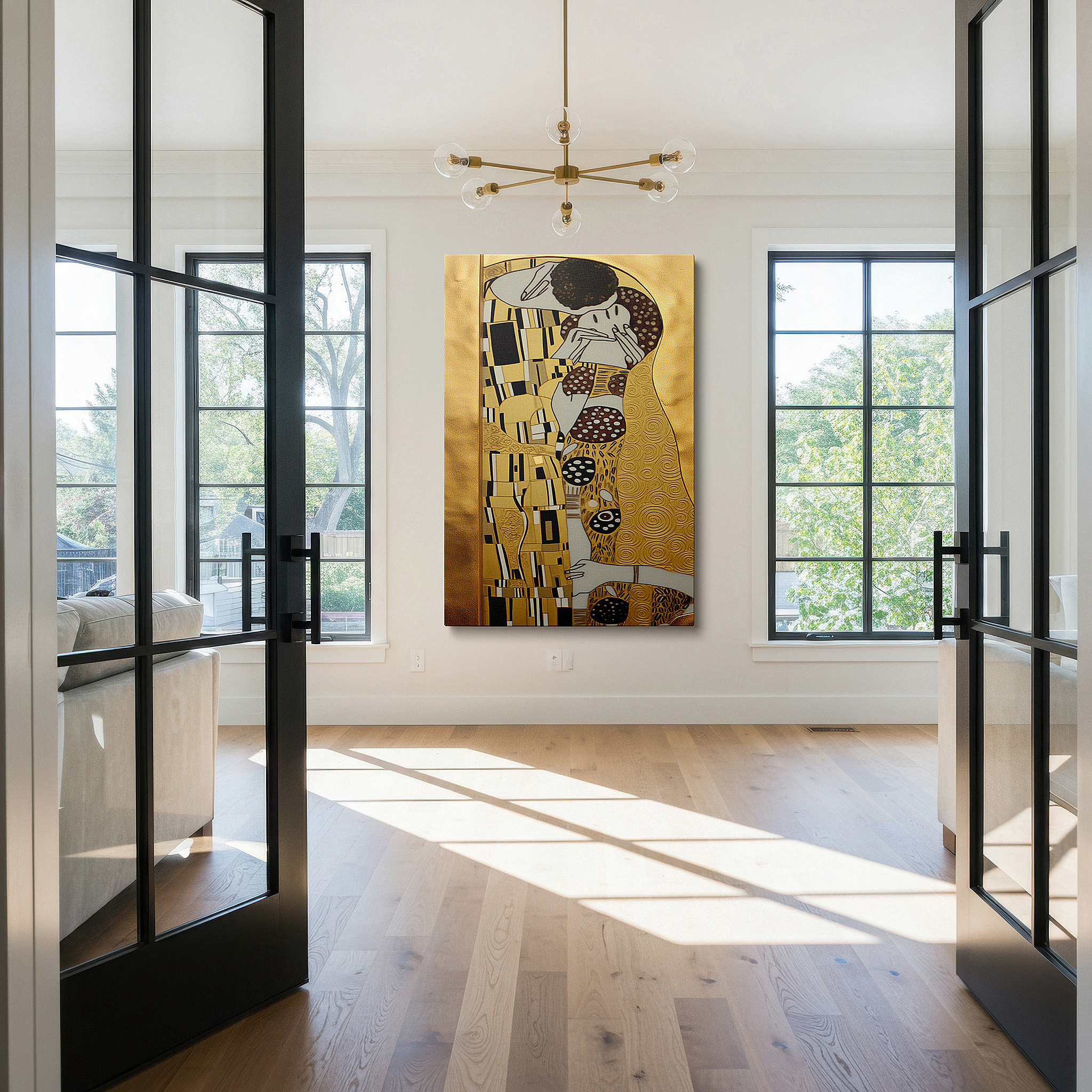 Mounted in a loft-style interior with exposed brick walls — golden embrace of passion and unity large wall art in warm hues, canvas wall art for office, bedroom, and living room decor