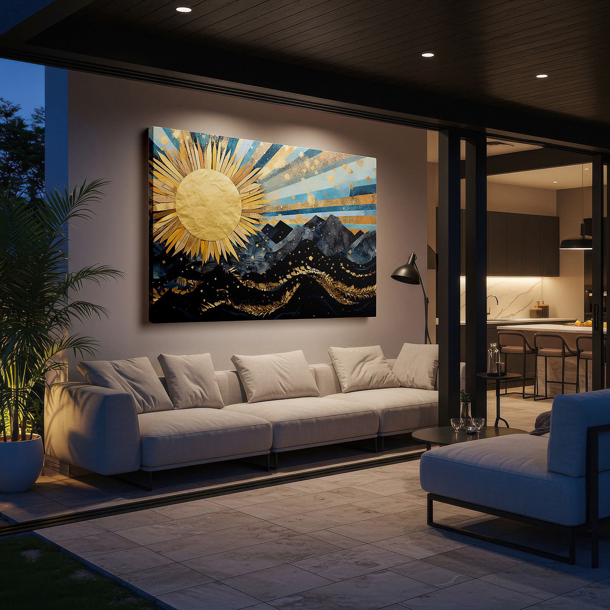 Mounted in a loft-style interior with exposed brick walls — golden sunlight over majestic mountains and rhythmic ocean waves: large canvas wall art for office and bedroom decor