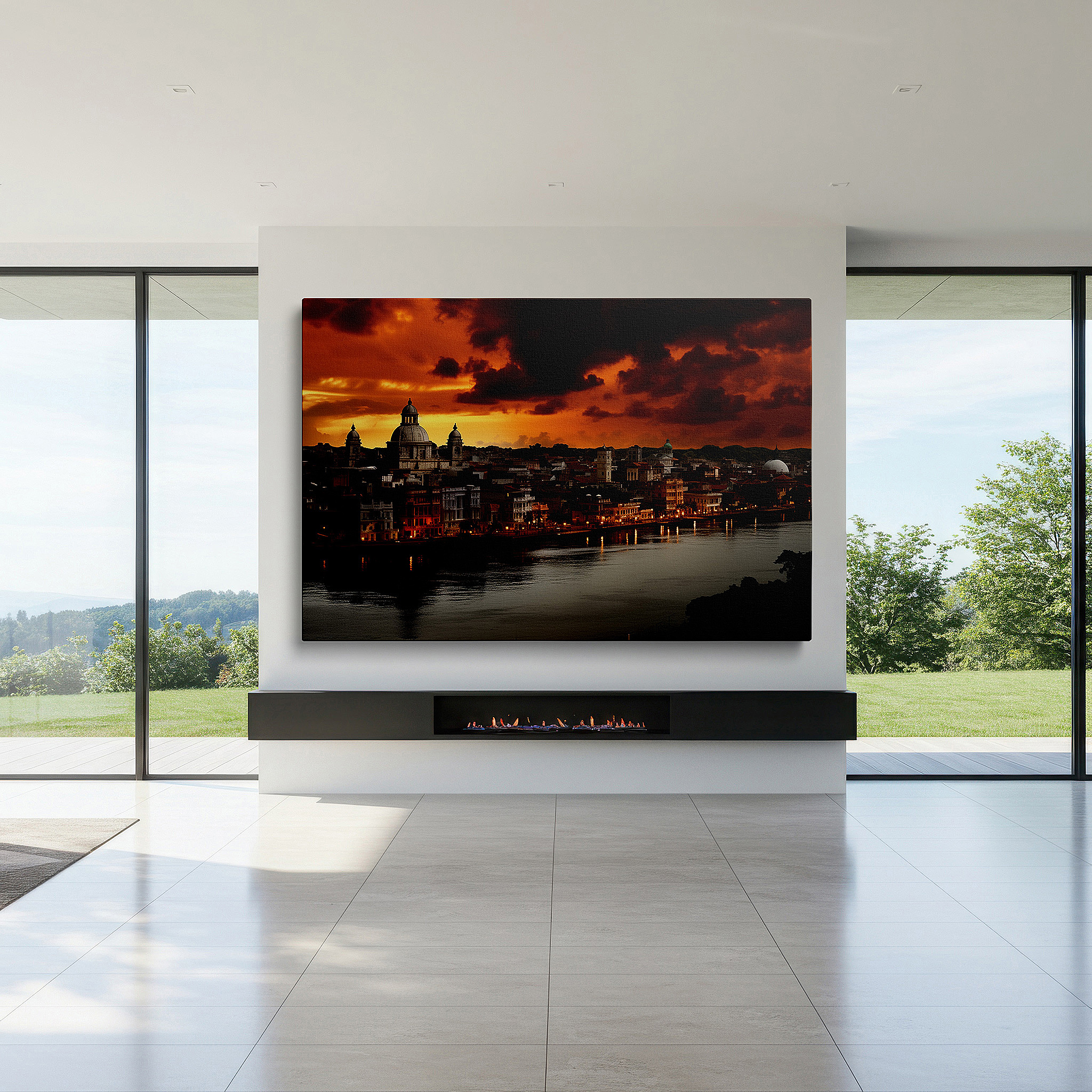 Mounted in a loft-style interior with exposed brick walls — golden sunset over historic cityscape wall art: a vivid interplay of light and architecture - large canvas wall art for home and office decor