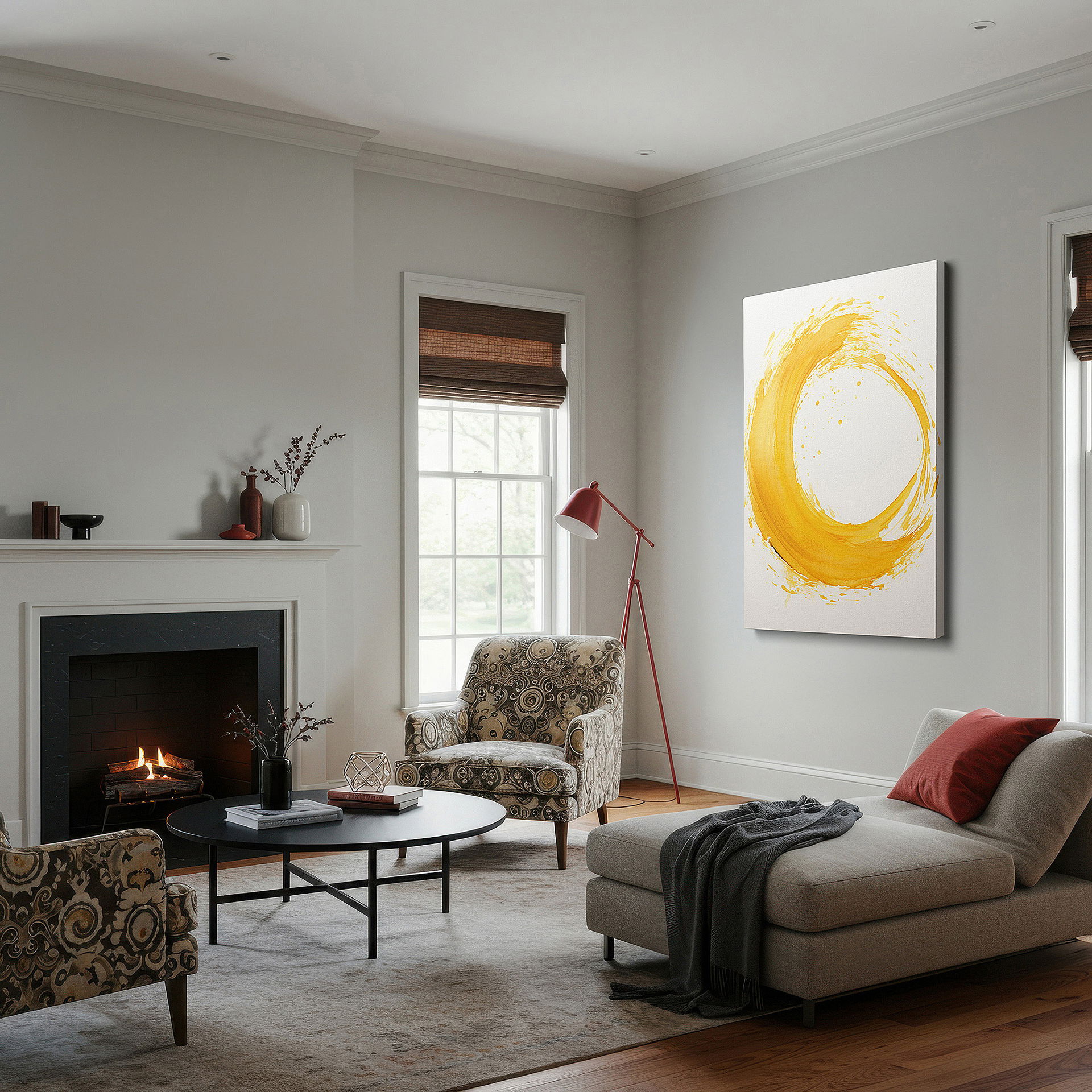 Mounted in a loft-style interior with exposed brick walls — golden swirl of energy and creativity: a vibrant beacon of positivity - large canvas wall art for office and bedroom decor