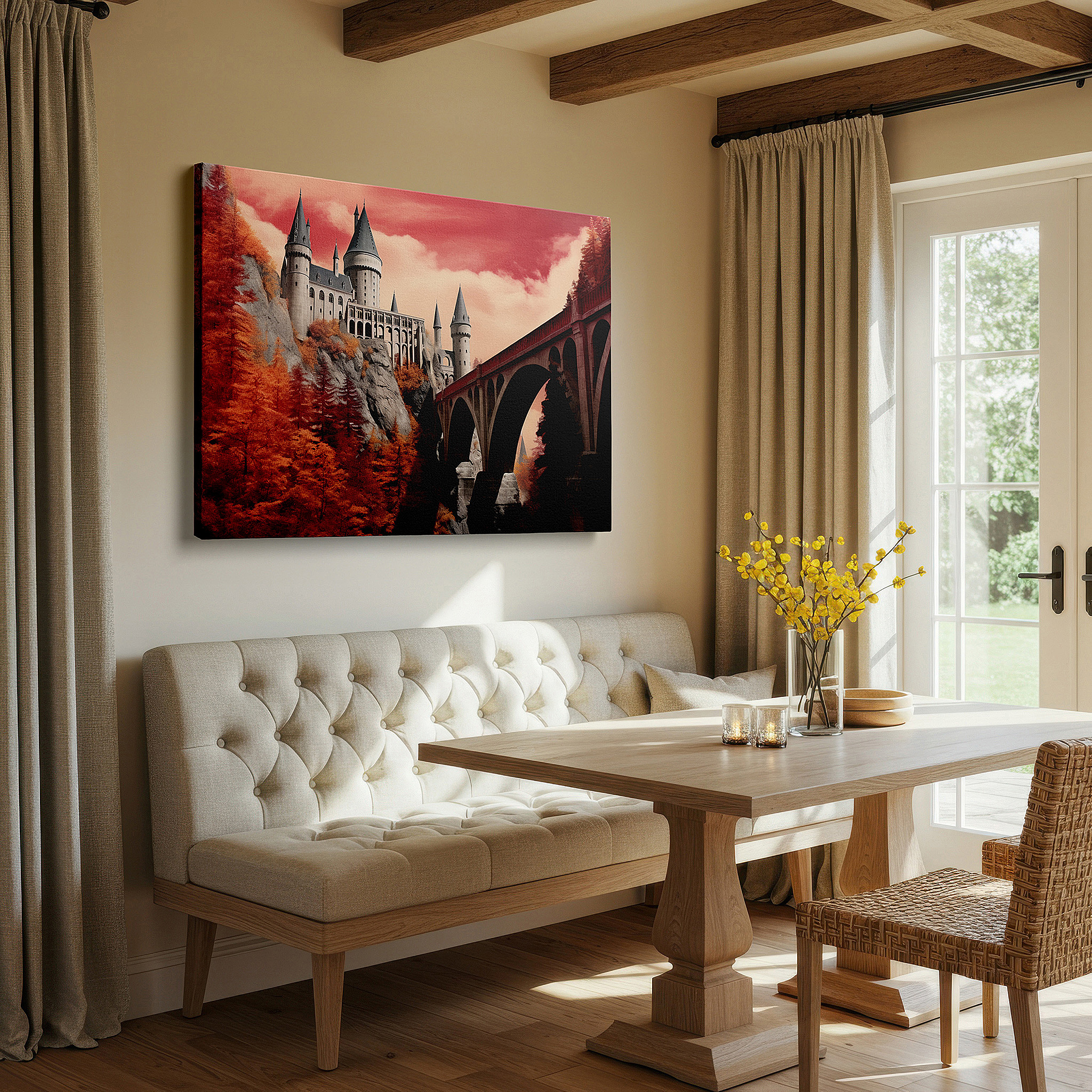Mounted in a loft-style interior with exposed brick walls — grand castle on rocky cliffs beneath a crimson sky, symbolizing grandeur and mystical worlds, large canvas wall art for office decor