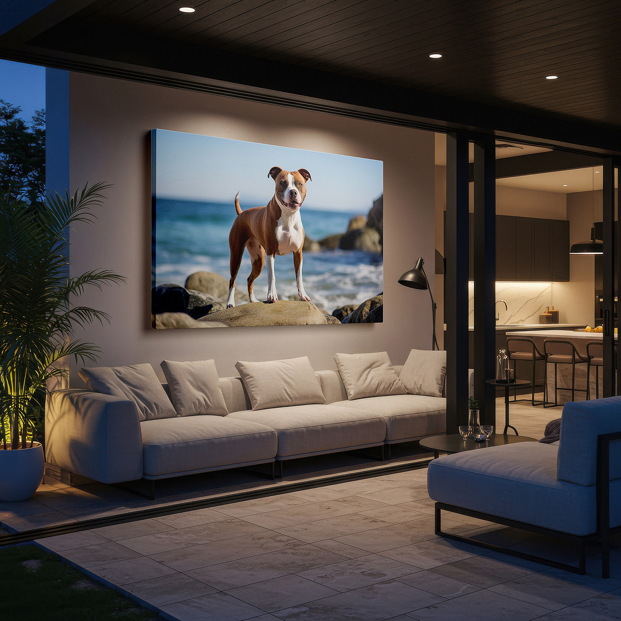 Mounted in a loft-style interior with exposed brick walls — joyful dog by the ocean: capturing the essence of happiness, freedom, and serene natural beauty - large wall art, canvas wall art, wall decor, office wall art
