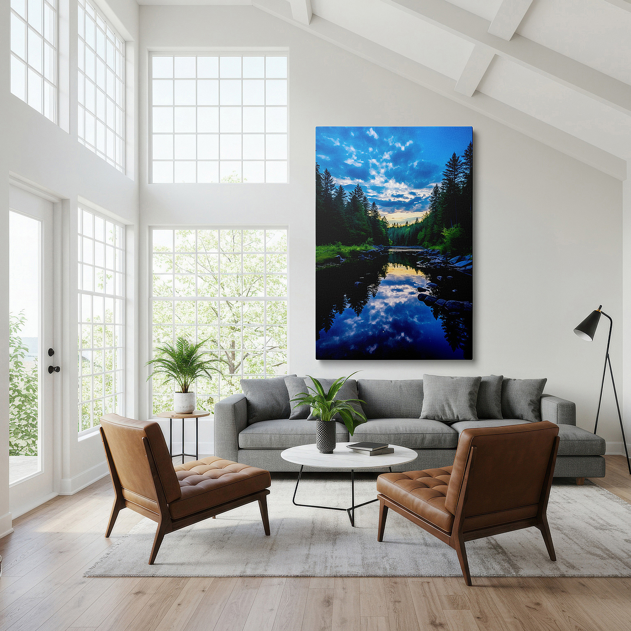 Mounted in a loft-style interior with exposed brick walls — lakeside serenity: a vibrant nature symphony - large canvas wall art for living room, bedroom, or office decor