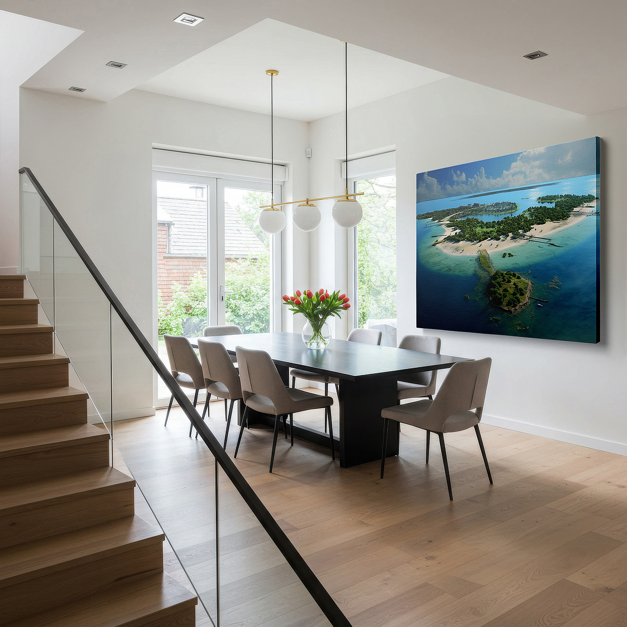 Mounted in a loft-style interior with exposed brick walls — lush greenery and azure waters aerial view large canvas wall art, perfect for office, bedroom, and living room decor