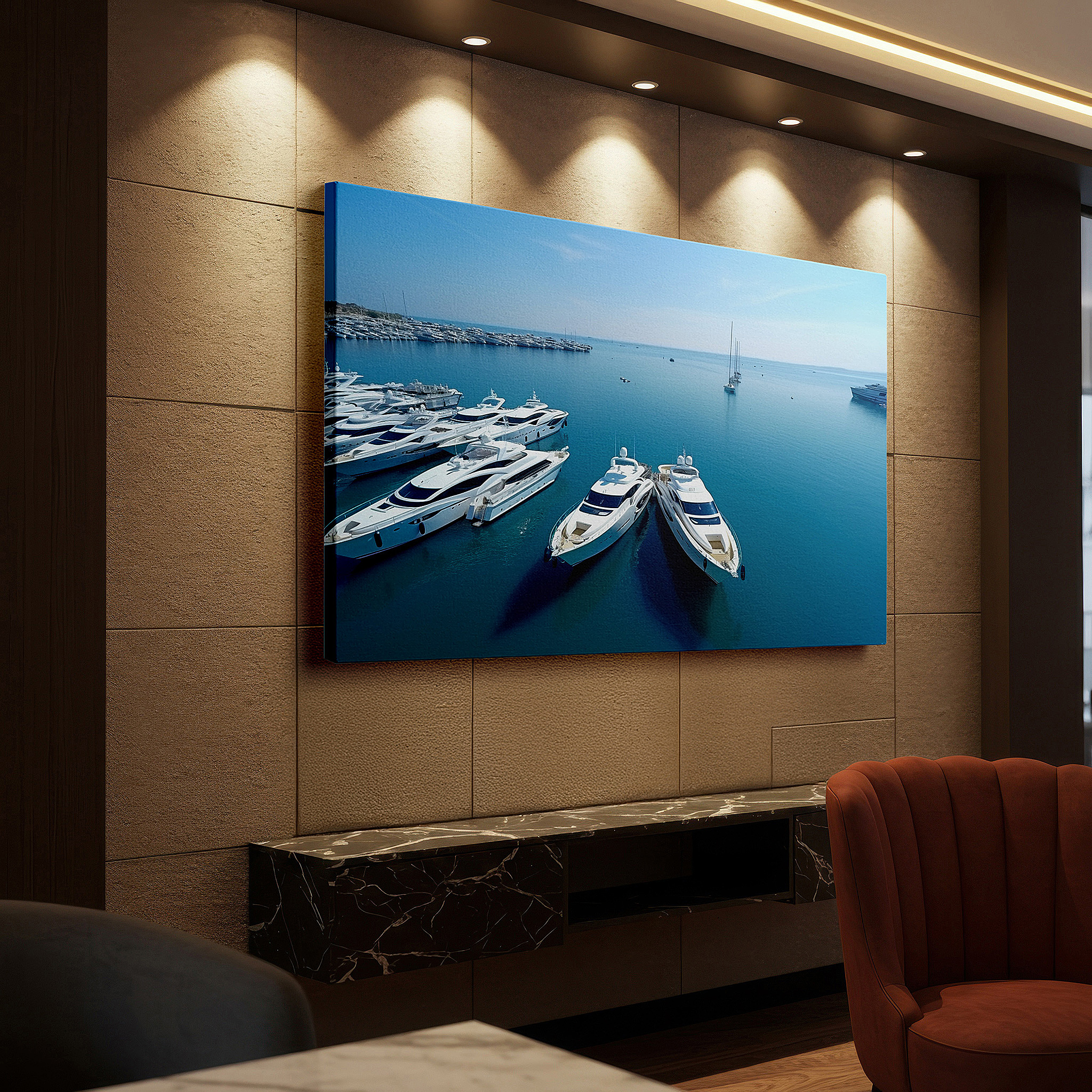 Mounted in a loft-style interior with exposed brick walls — luxurious yachts in crystal-clear waters reflecting serenity and opulence - large wall art, canvas wall art, wall art decor, office wall art, bedroom wall art