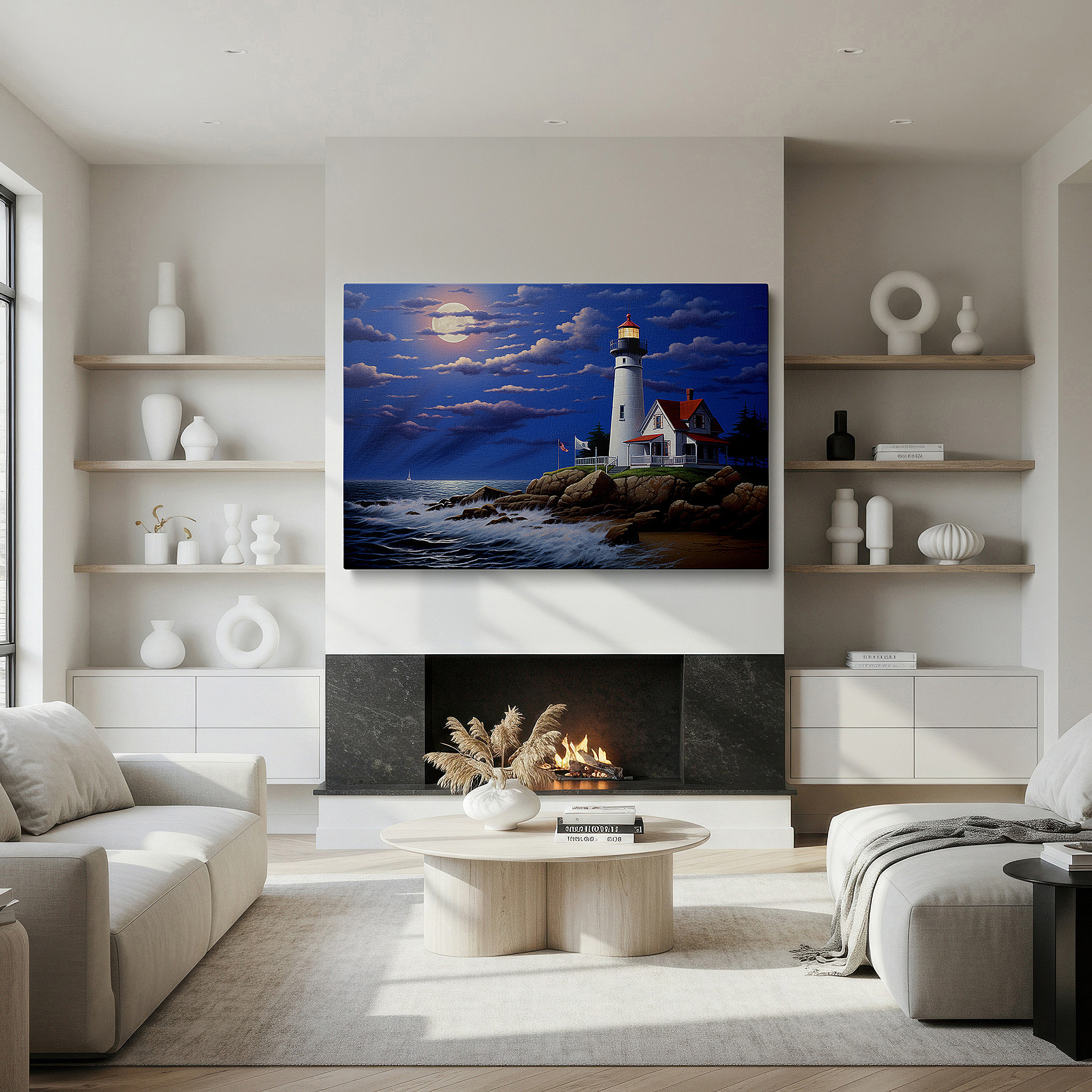 Mounted in a loft-style interior with exposed brick walls — majestic lighthouse amidst stormy seas under the mystical moonlight large wall art, canvas wall art, wall decor for office and bedroom