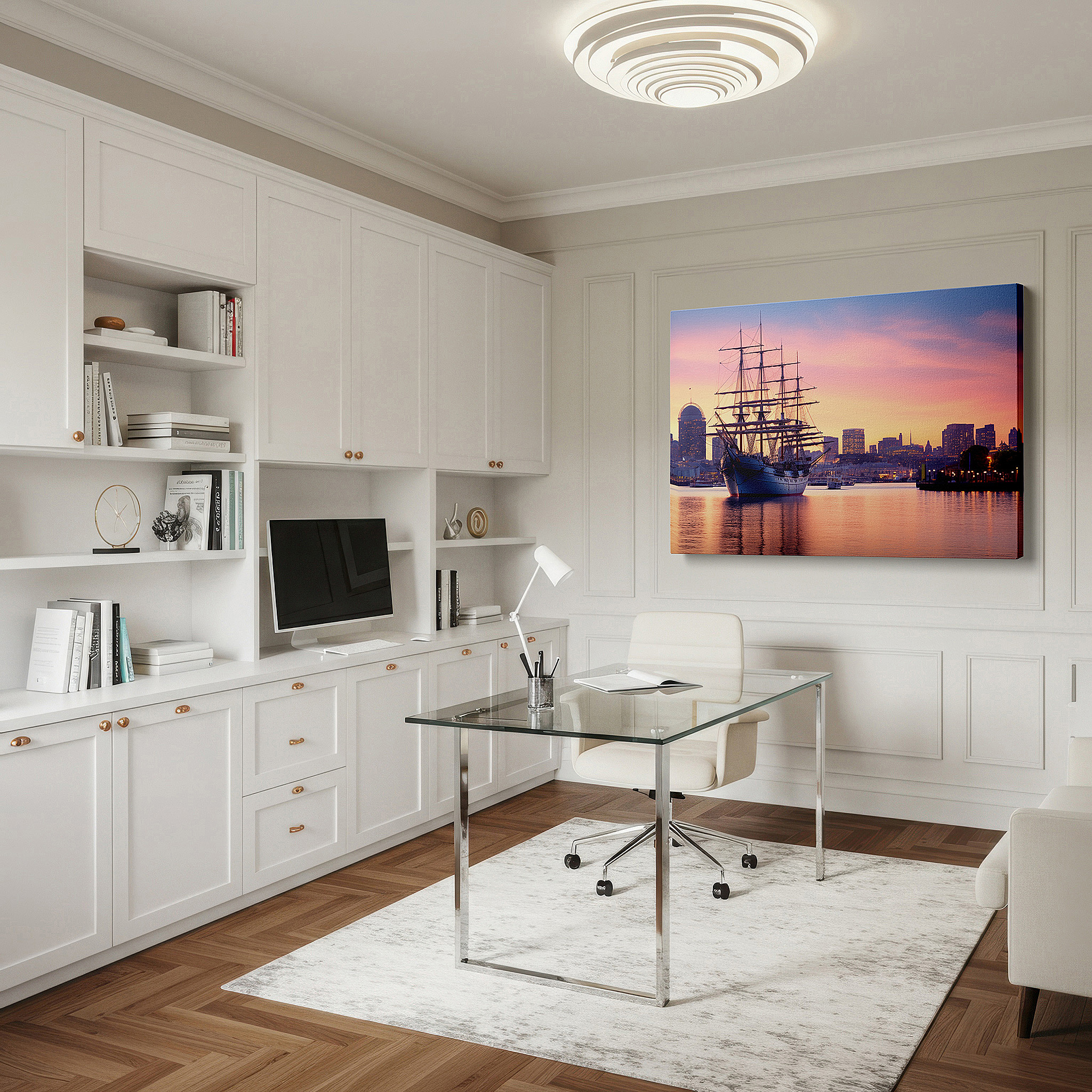 Mounted in a loft-style interior with exposed brick walls — majestic sailing ship by waterfront with vibrant city skyline at sunset - large canvas wall art for office and bedroom decor