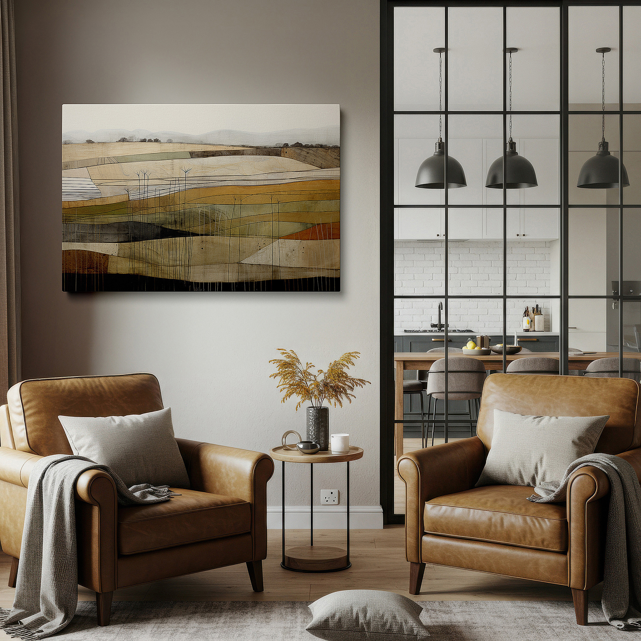 Mounted in a loft-style interior with exposed brick walls — minimalist landscape with tranquil fields and soft earth tones, large canvas wall art for office and bedroom decor