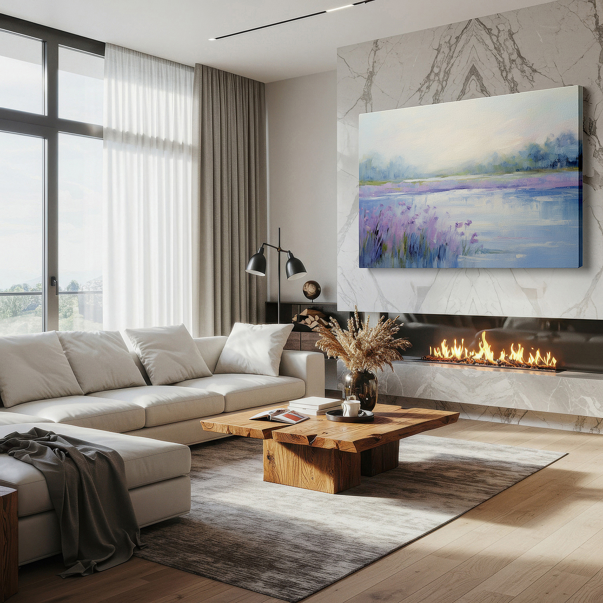 Mounted in a loft-style interior with exposed brick walls — misty lake at tranquil dawn with lavender blooms - large canvas wall art for office, bedroom, and living room decor