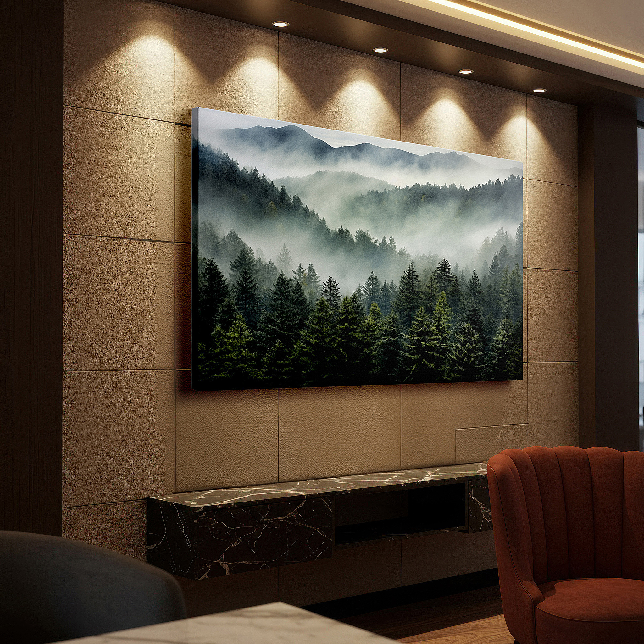 Mounted in a loft-style interior with exposed brick walls — misty mountains shrouded in ethereal fog - tranquil, mysterious landscape large wall art, canvas wall art, wall decor for office