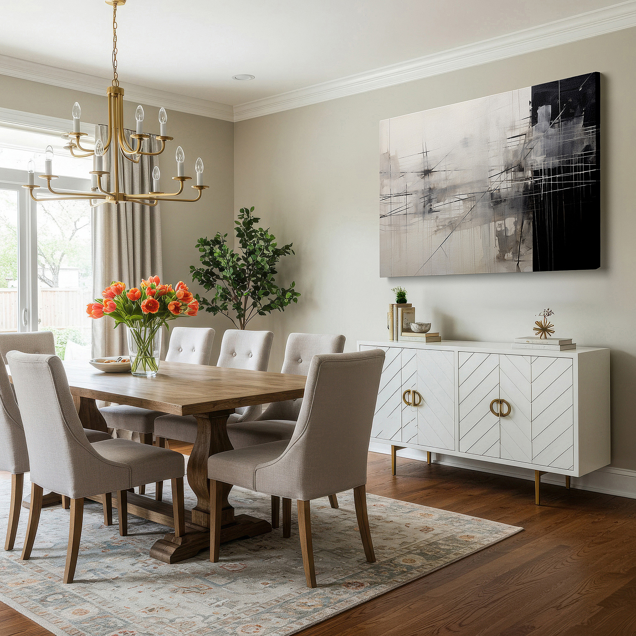 Mounted in a loft-style interior with exposed brick walls — monochromatic landscape with ethereal fog and sharp geometric lines, large canvas wall art for office and bedroom decor