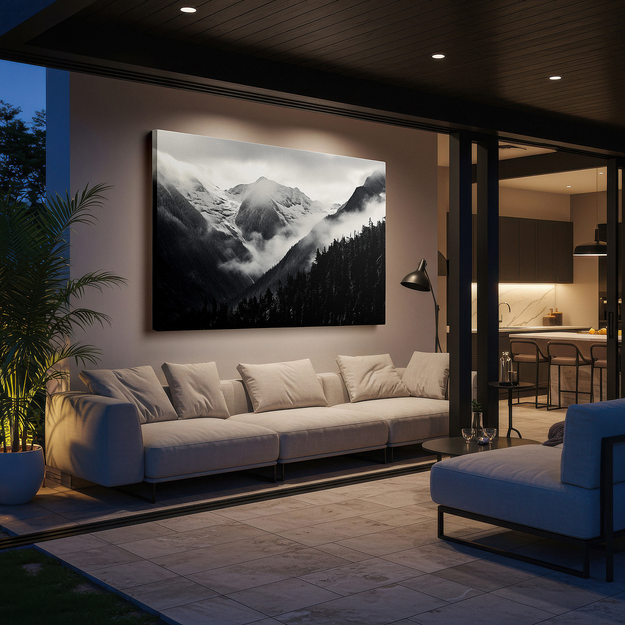 Mounted in a loft-style interior with exposed brick walls — monochrome majestic mountains - snow-capped landscape with ethereal mist, large canvas wall art for office and bedroom decor