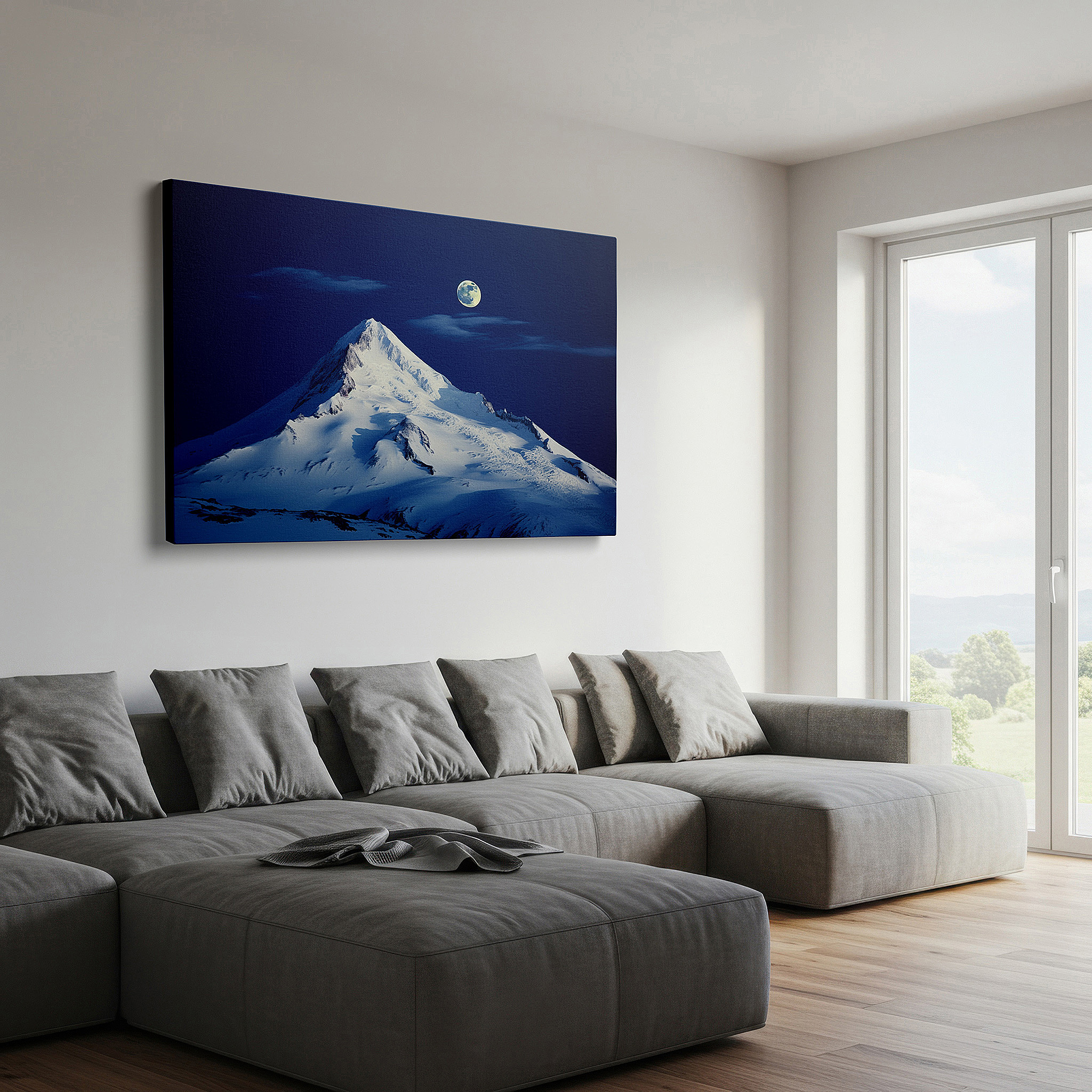 Mounted in a loft-style interior with exposed brick walls — moonlit majestic mountain peak with starry sky, serene wilderness large canvas wall art for office decor
