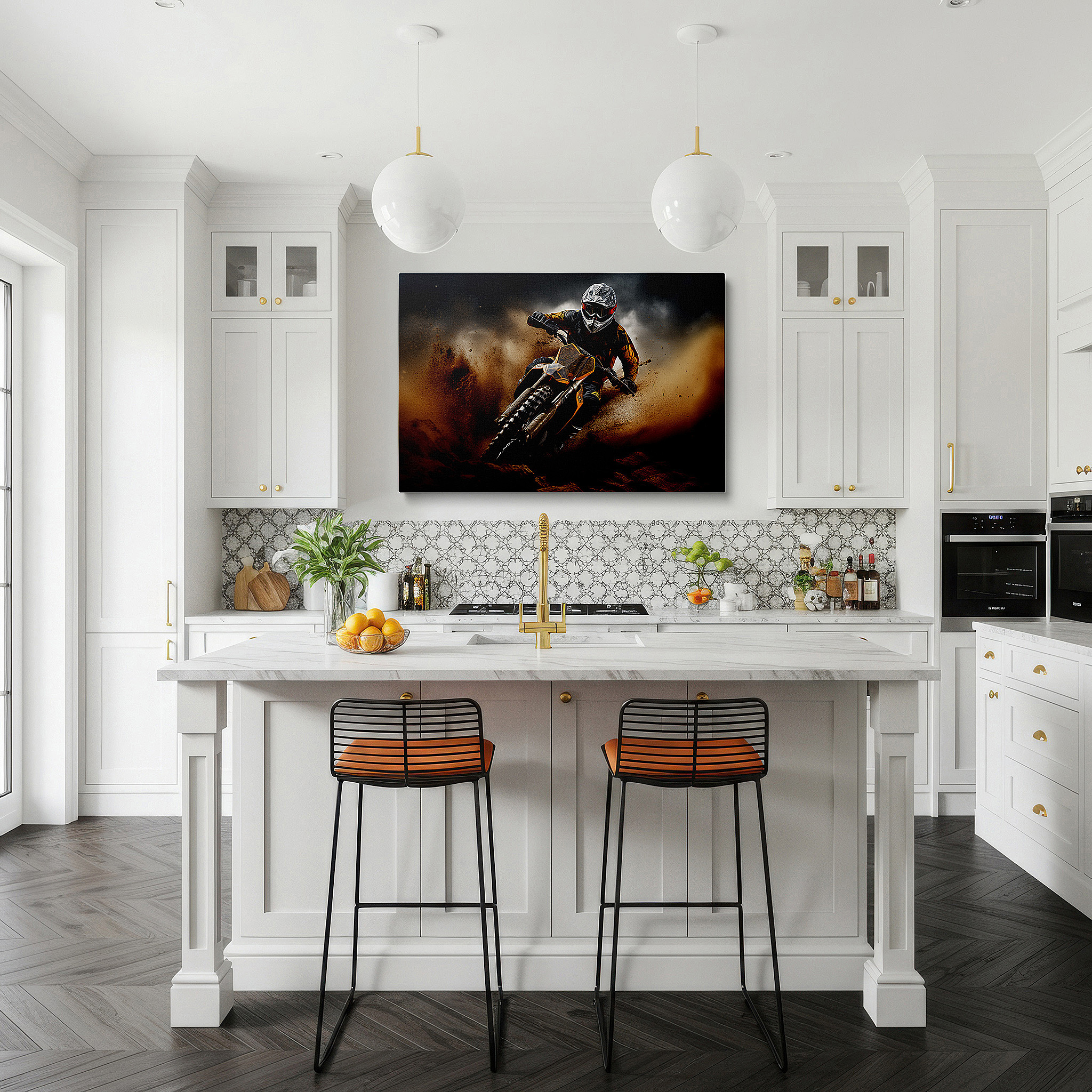 Mounted in a loft-style interior with exposed brick walls — motocross mastery wall art: large canvas depicting high-flying action amidst dust and drama under a spacious sky, perfect for office or bedroom decor