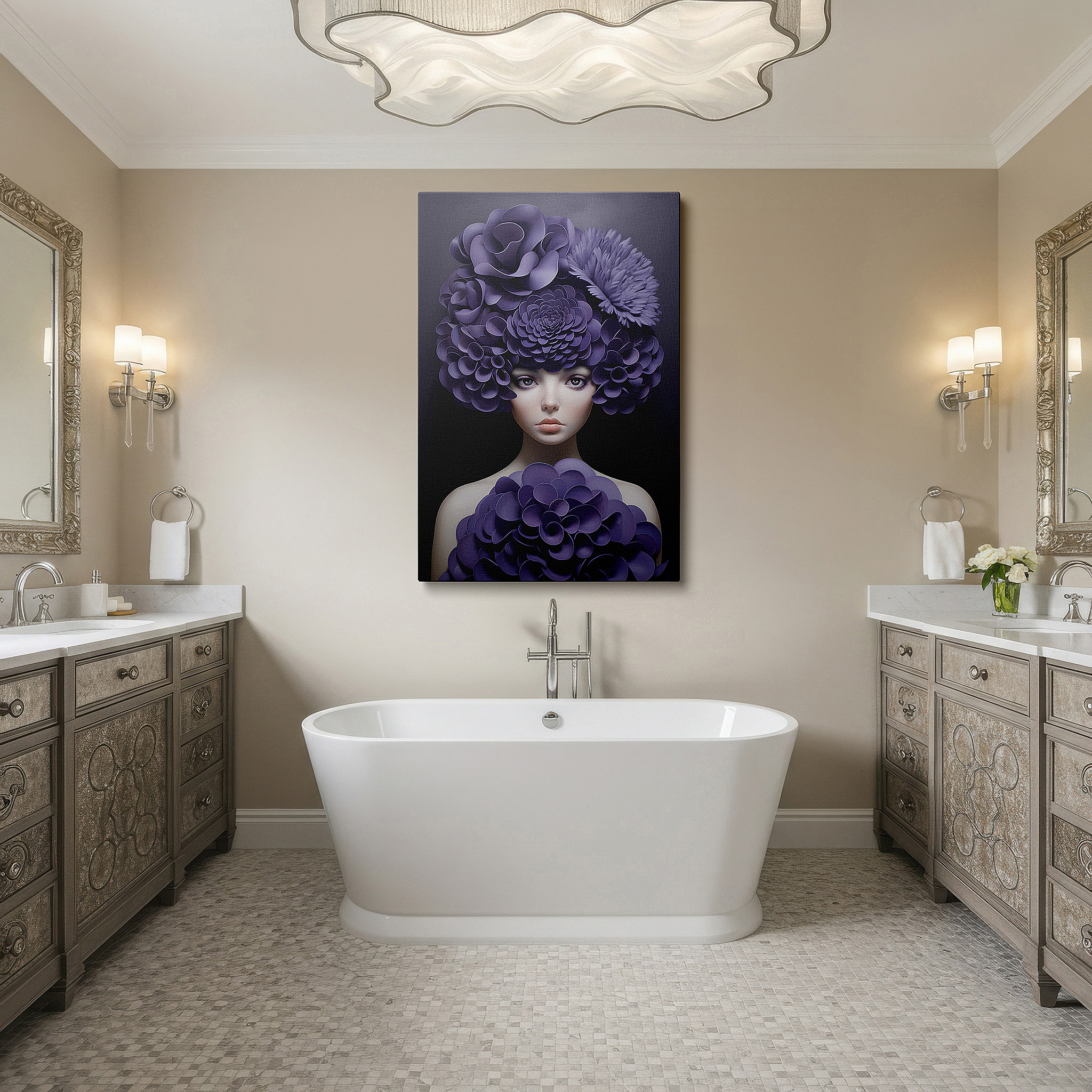 Mounted in a loft-style interior with exposed brick walls — mysterious woman with purple flower crown - blending natural beauty and human enigma large wall art, canvas wall art, wall decor, office wall art