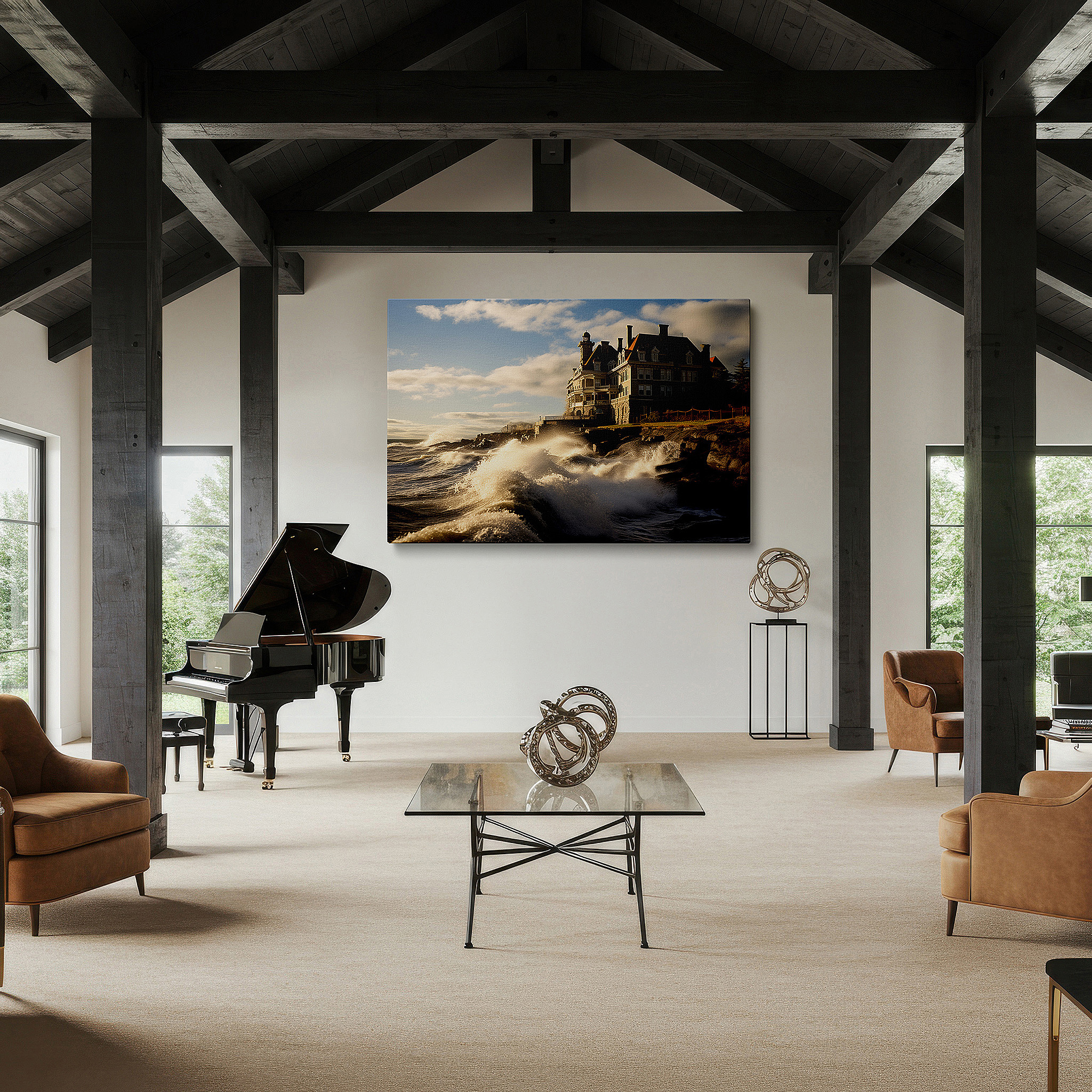 Mounted in a loft-style interior with exposed brick walls — nature's fury and sunset symphony: tension and harmony in a historic mansion - large canvas wall art for office and bedroom decor