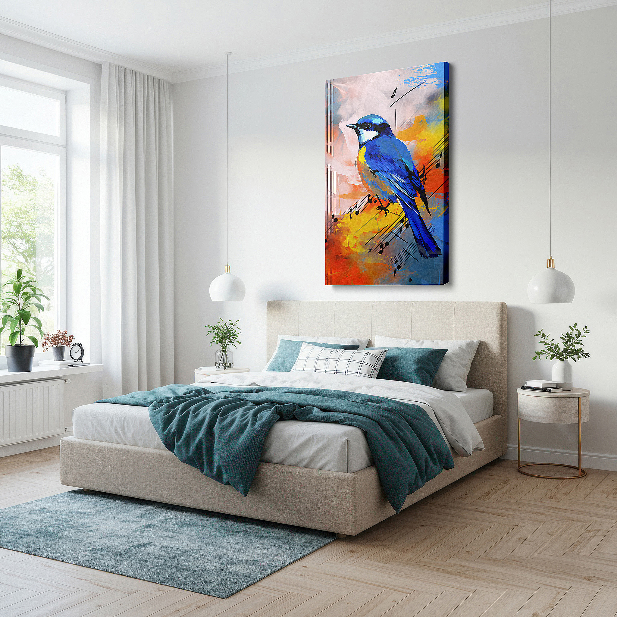 Mounted in a loft-style interior with exposed brick walls — nature's serene melody: blue bird on swirling musical notes - large canvas wall art for office and bedroom decor