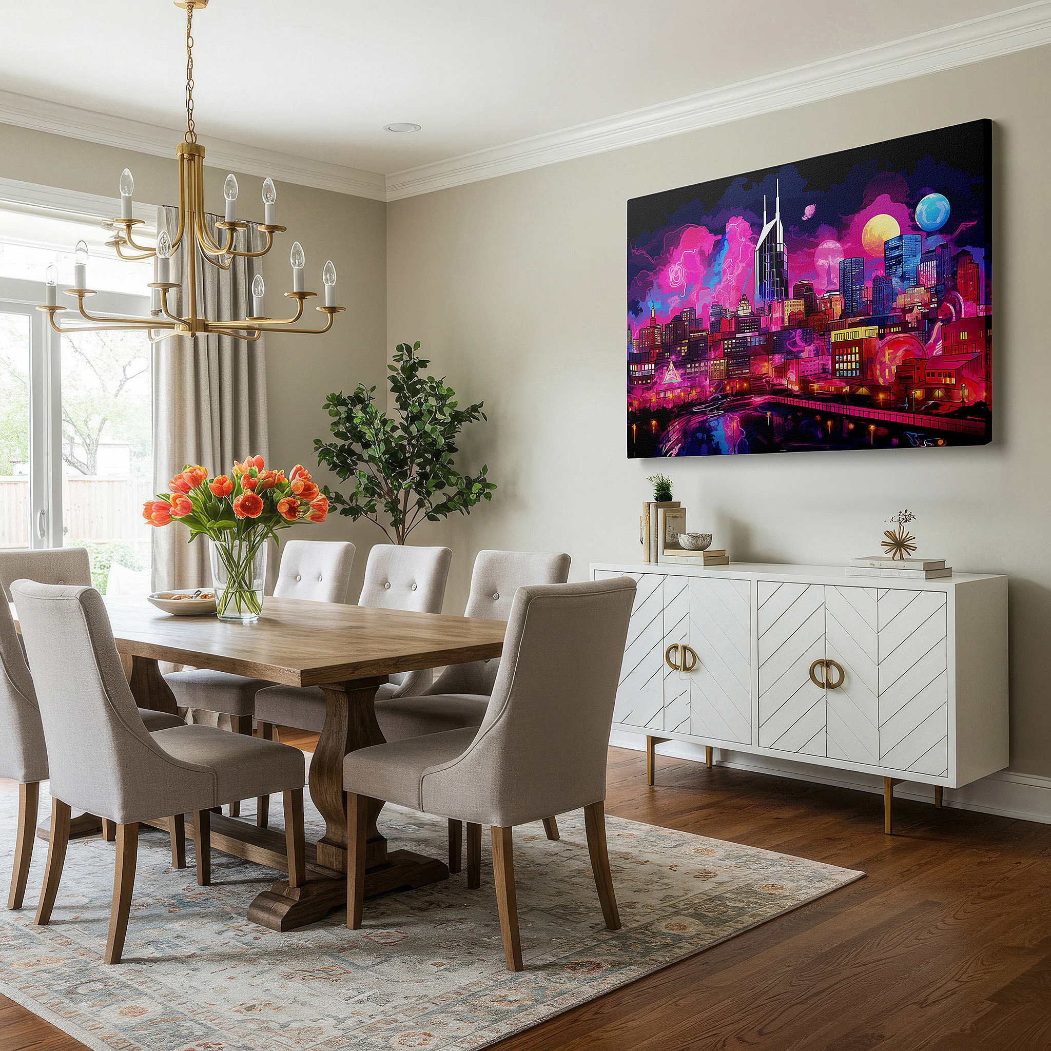 Mounted in a loft-style interior with exposed brick walls — neon brilliance: cosmic mysteries and futuristic cityscapes in large wall art for offices, bedrooms, and living spaces