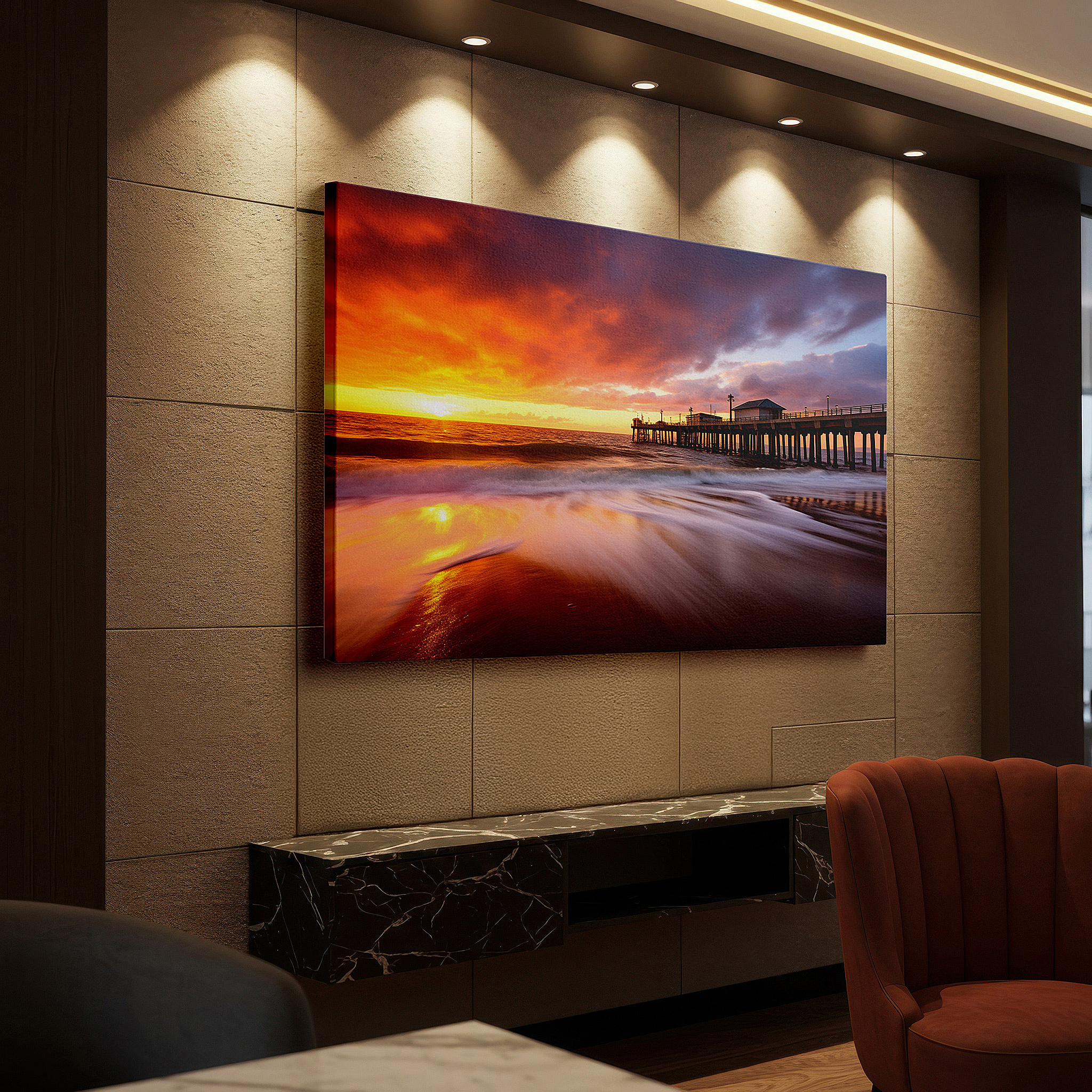 Mounted in a loft-style interior with exposed brick walls — ocean pier sunset serenade: large canvas wall art featuring golden sands and gentle waves, ideal for office wall decor