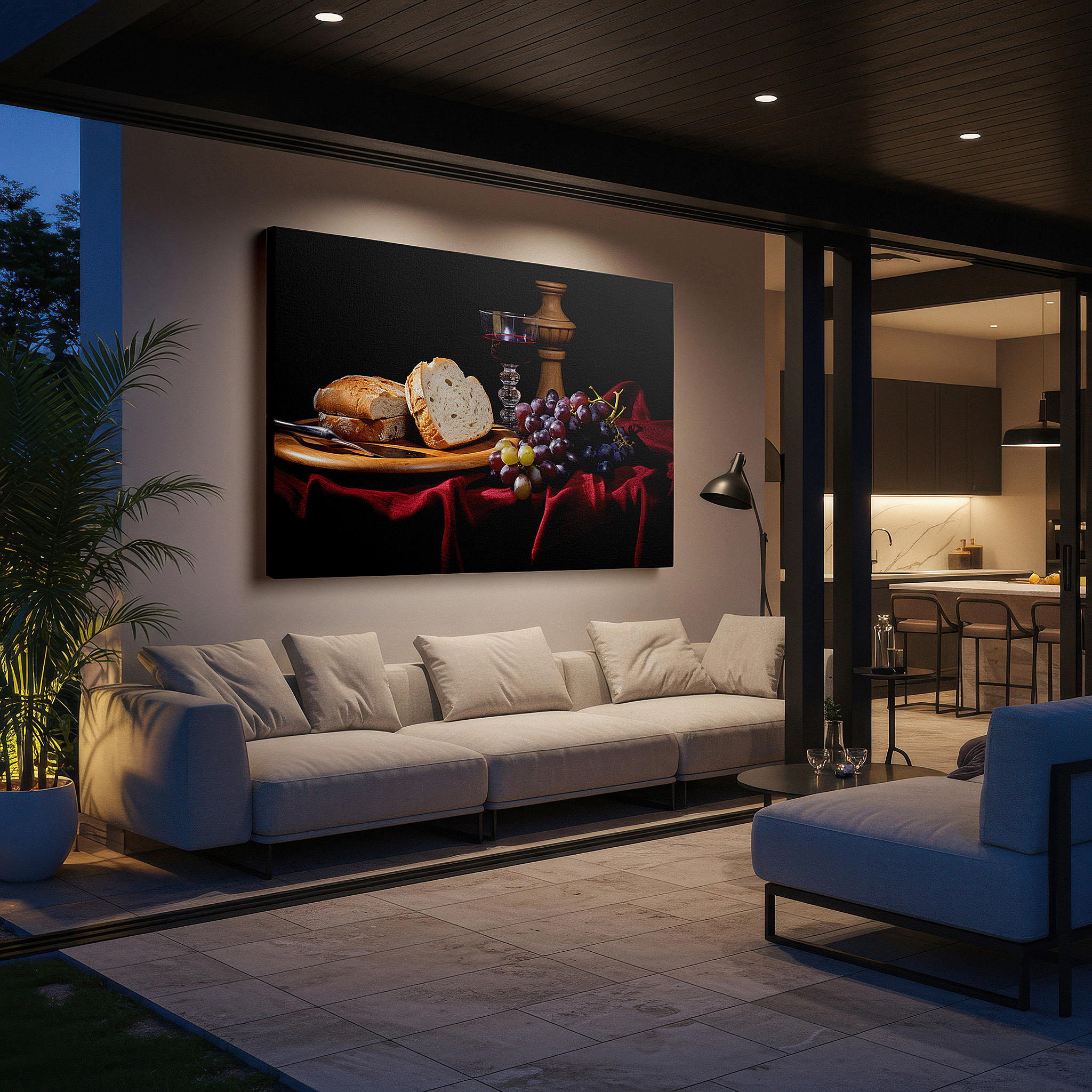 Mounted in a loft-style interior with exposed brick walls — opulent still life featuring bread, grapes, and wine: a warm, indulgent large wall art for living spaces, canvas art, home and office decor