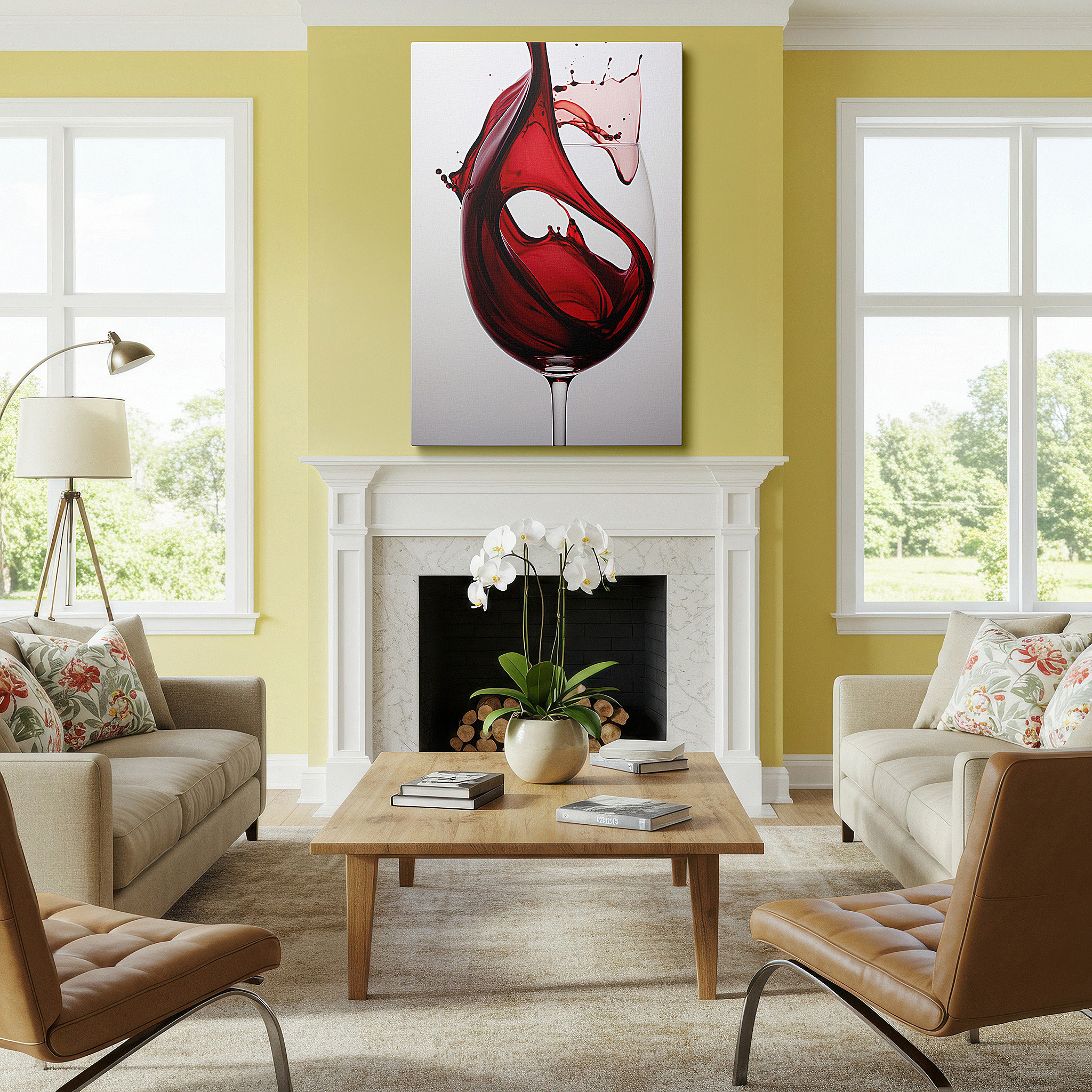 Mounted in a loft-style interior with exposed brick walls — red wine splash canvas art: a captivating display of elegance and chaos for home and office decor