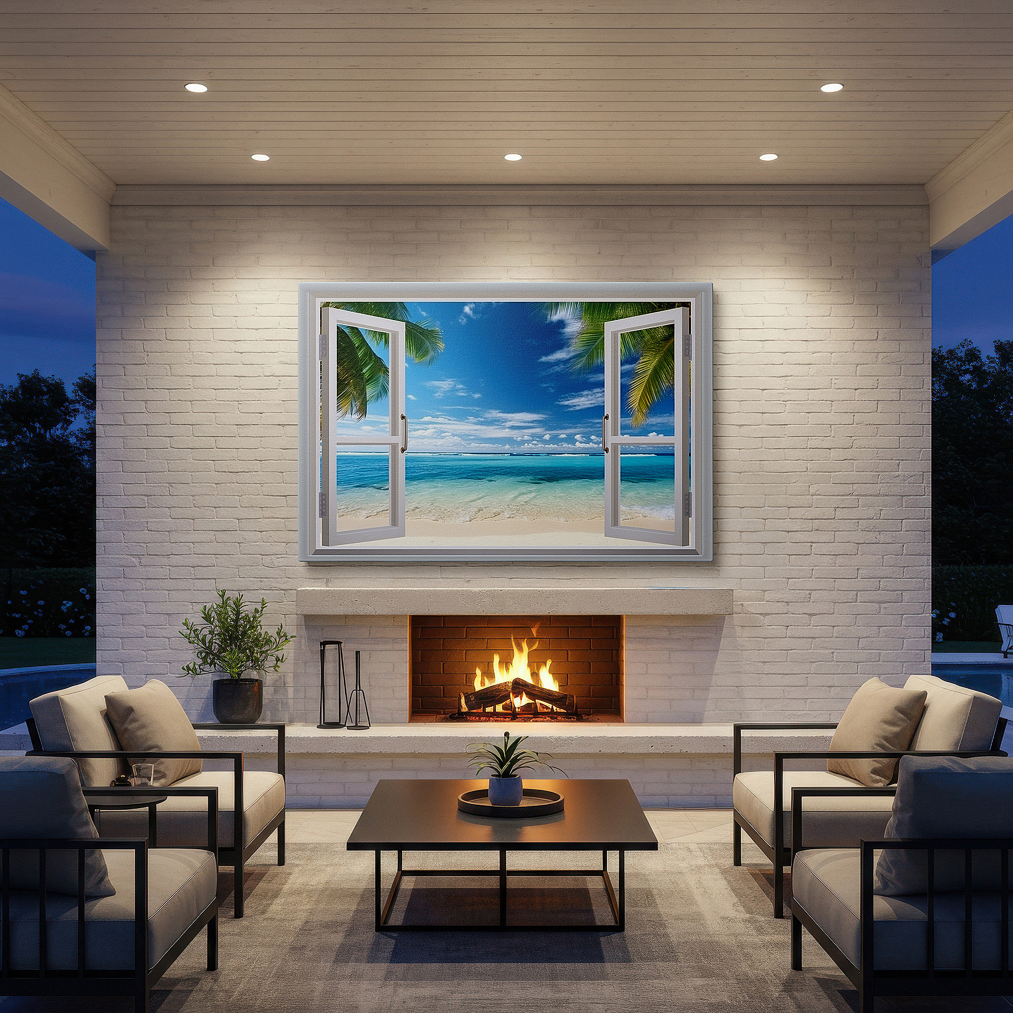 Mounted in a loft-style interior with exposed brick walls — serene beachside escape viewed through open white windows - large canvas wall art for office, bedroom, and living room decor