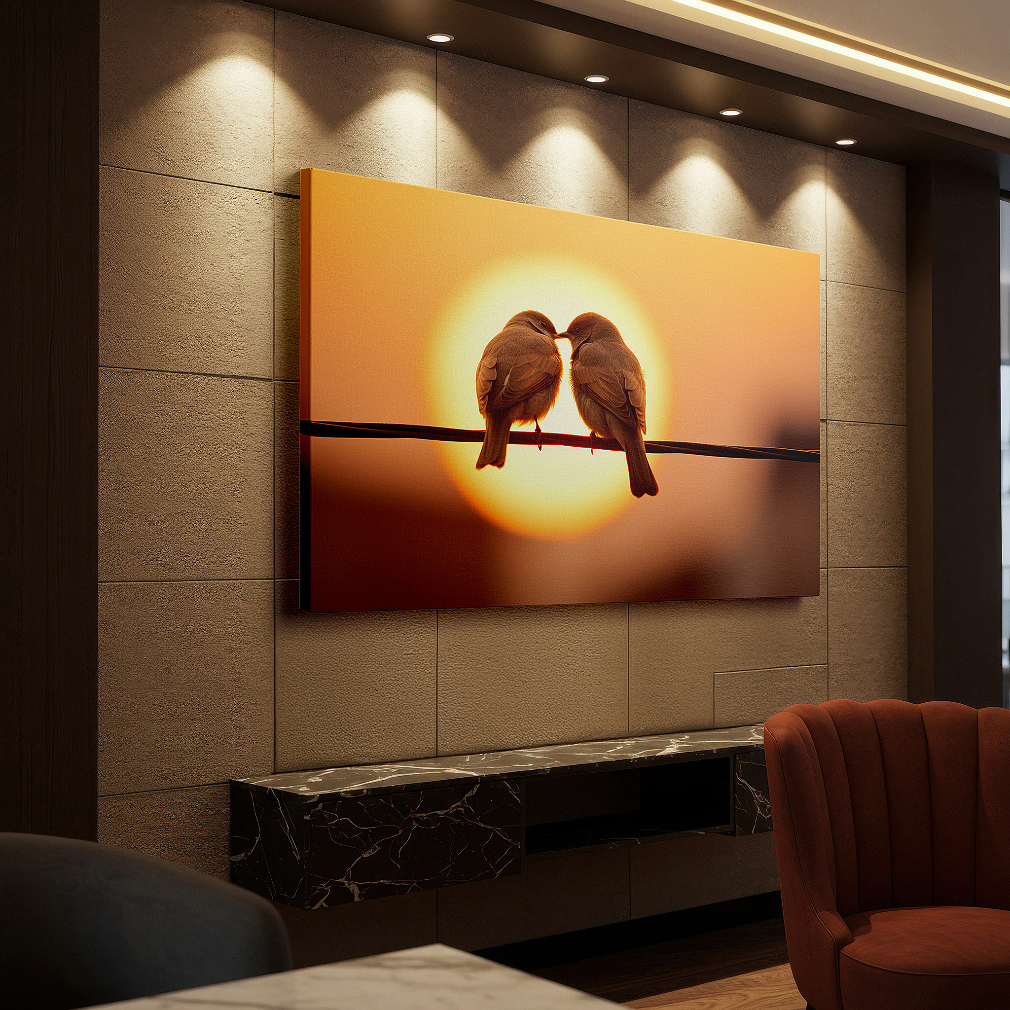 Mounted in a loft-style interior with exposed brick walls — serene birds on a wire canvas print - large wall art for living room, bedroom, or office, featuring a vibrant sunset background