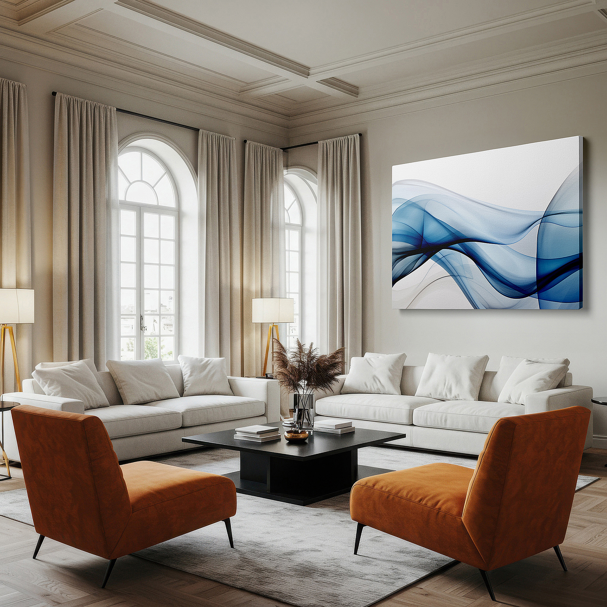 Mounted in a loft-style interior with exposed brick walls — serene blue waves: abstract expression in large canvas wall art for office decor