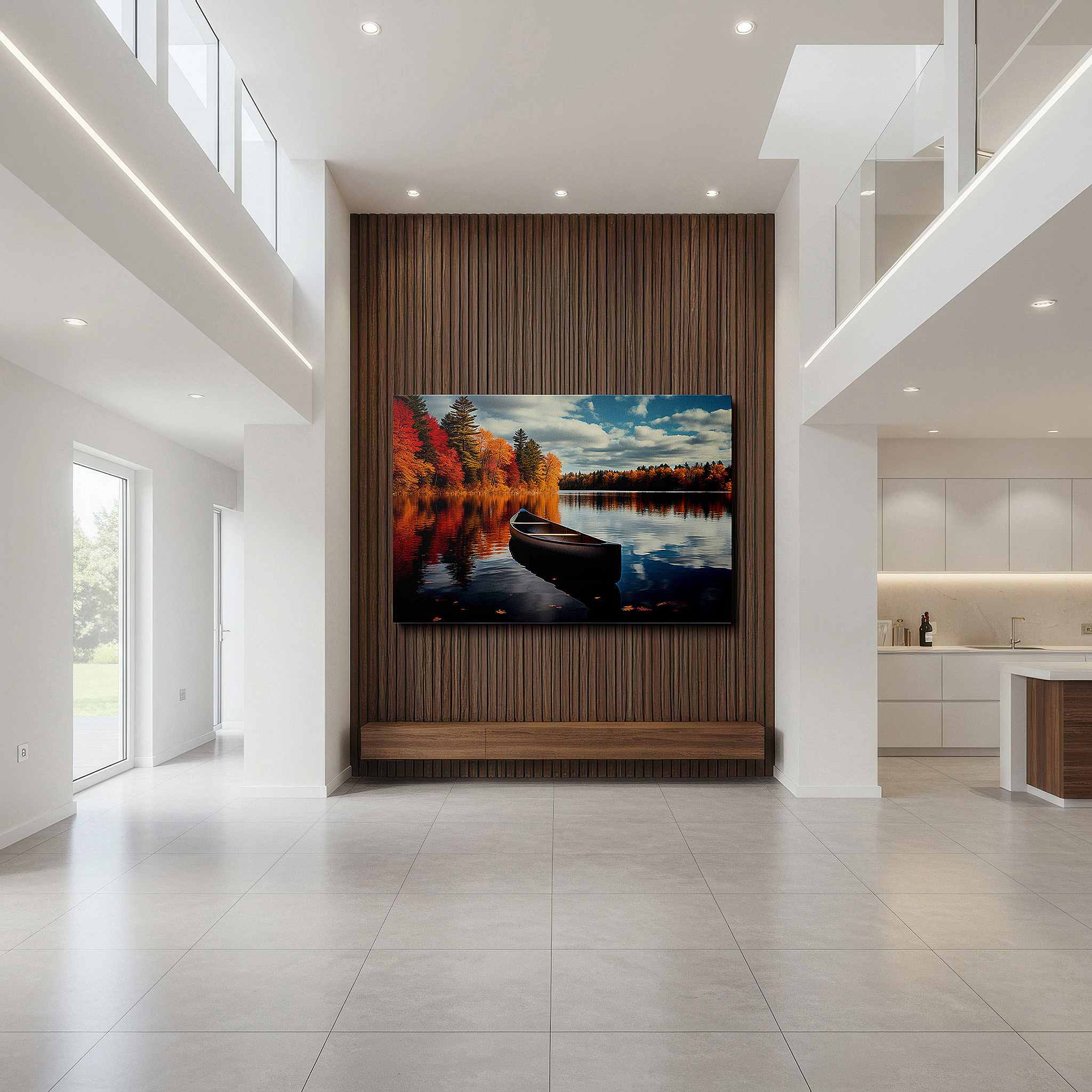 Mounted in a loft-style interior with exposed brick walls — serene canoe journey wall art: autumn reflections and tranquil nature escape - large canvas for home and office decor