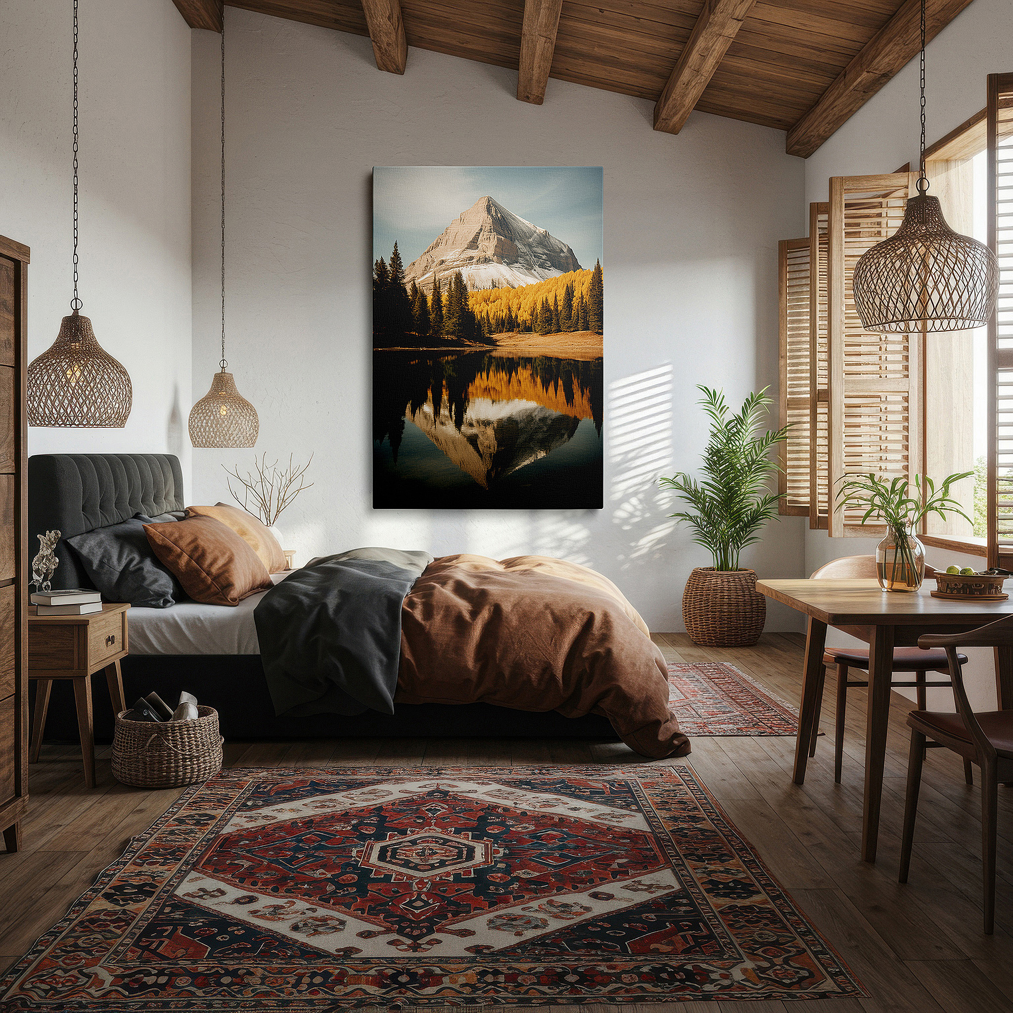 Mounted in a loft-style interior with exposed brick walls — serene cliffside mountain and tranquil lake autumn scene large wall art, canvas wall decor for office and bedroom
